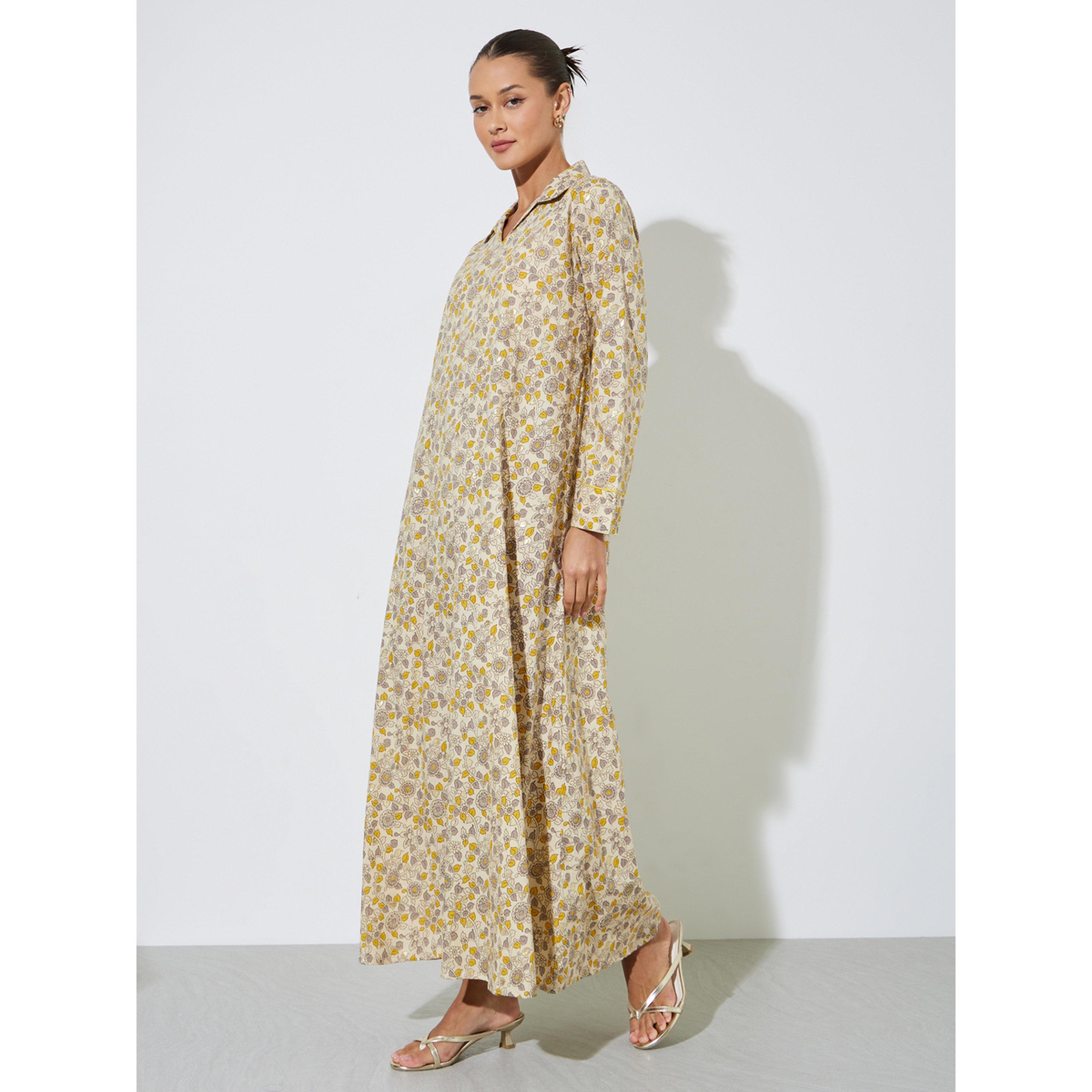 Amirah X Styli Multi-Color All Over Floral Print Collared Maxi Jalabiya-women-arabicclothing-jalabiyas-image-3