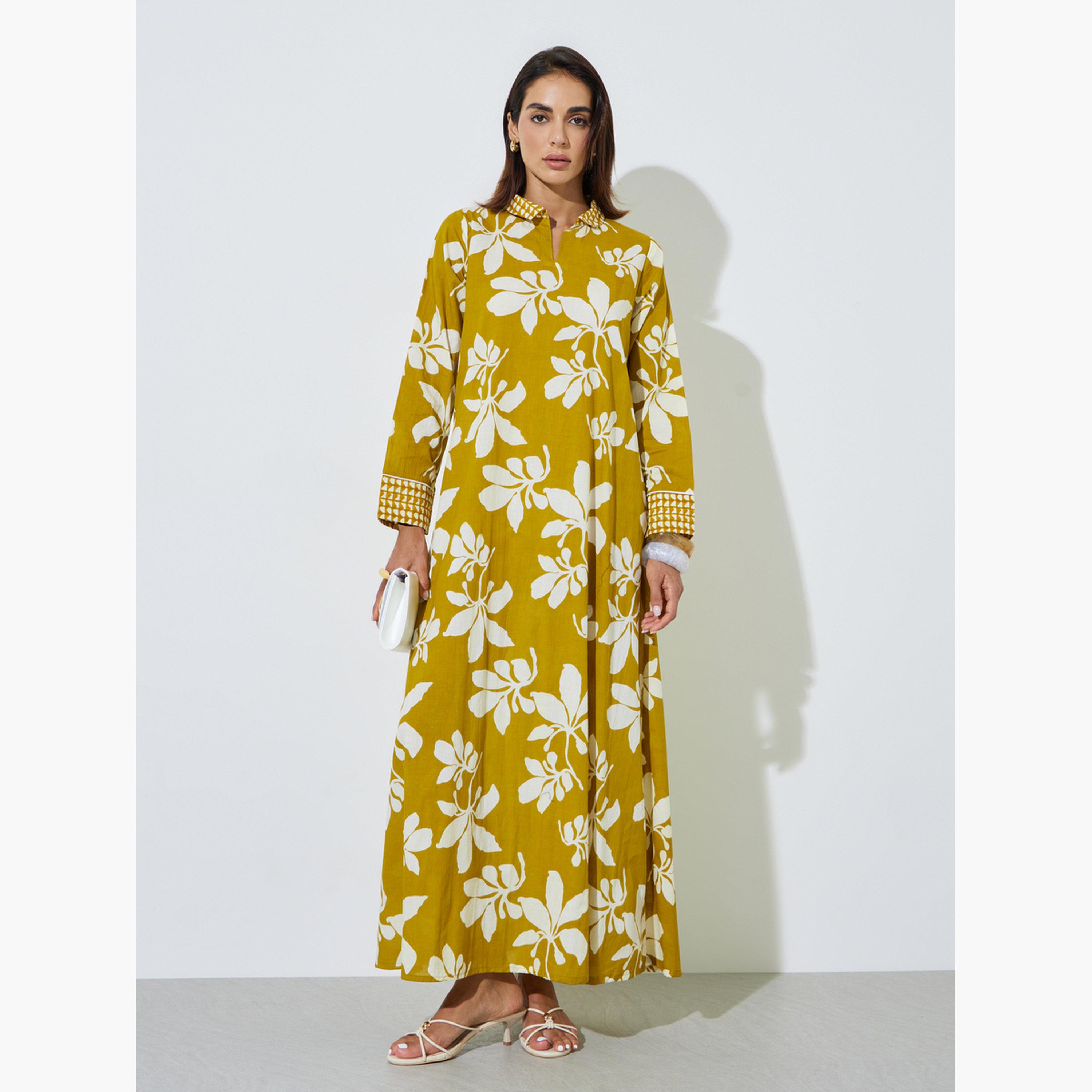 جلابية طويلة بياقة قميص ومطبعة بالزهور-women-arabicclothing-sets-image-1