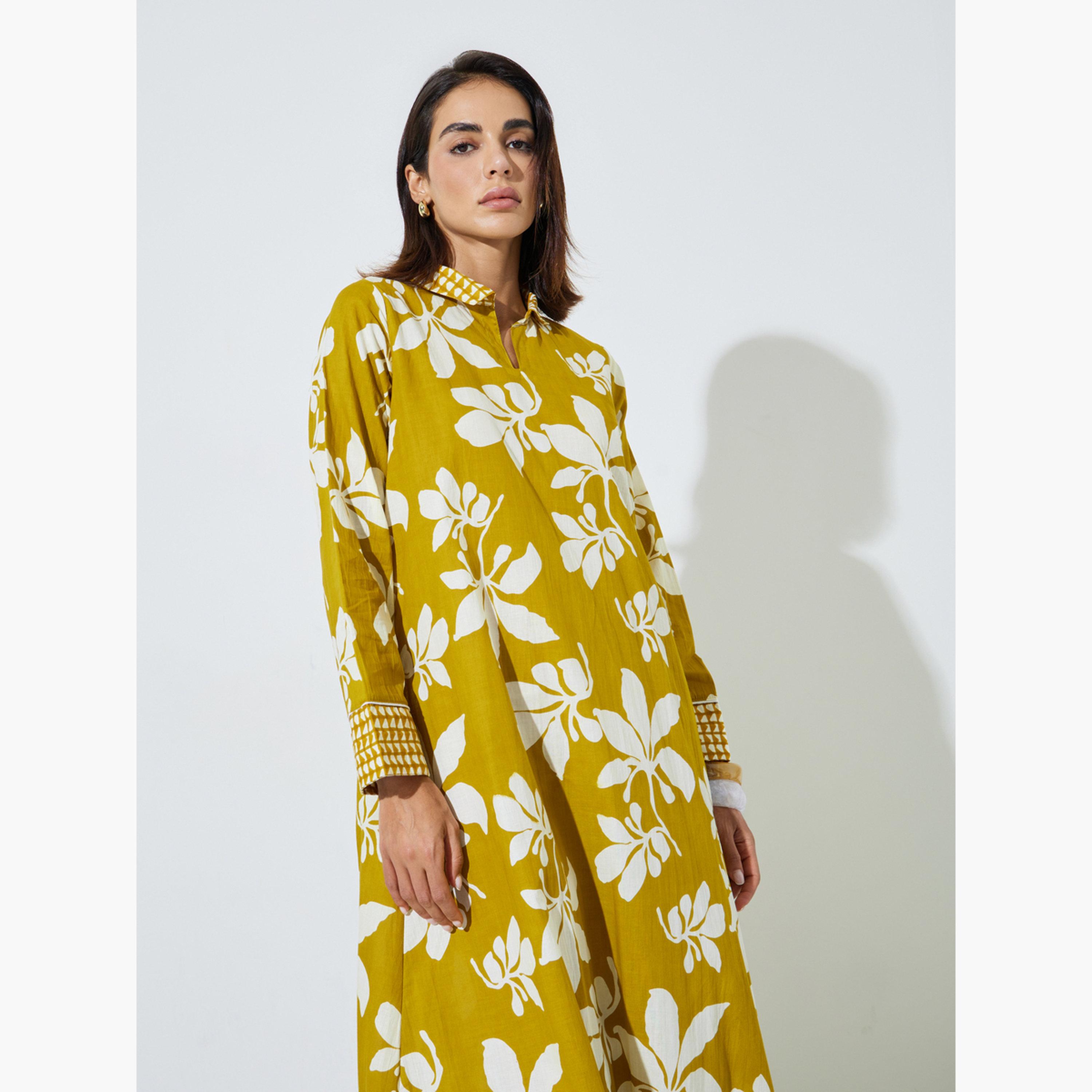 جلابية طويلة بياقة قميص ومطبعة بالزهور-women-arabicclothing-sets-image-2