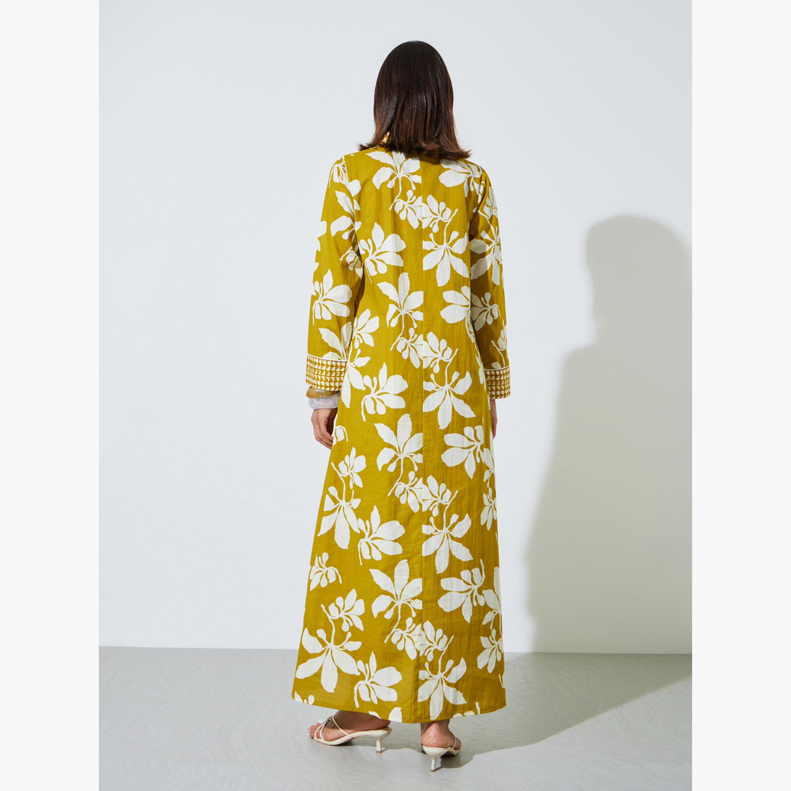جلابية طويلة بياقة قميص ومطبعة بالزهور-women-arabicclothing-sets-image-4
