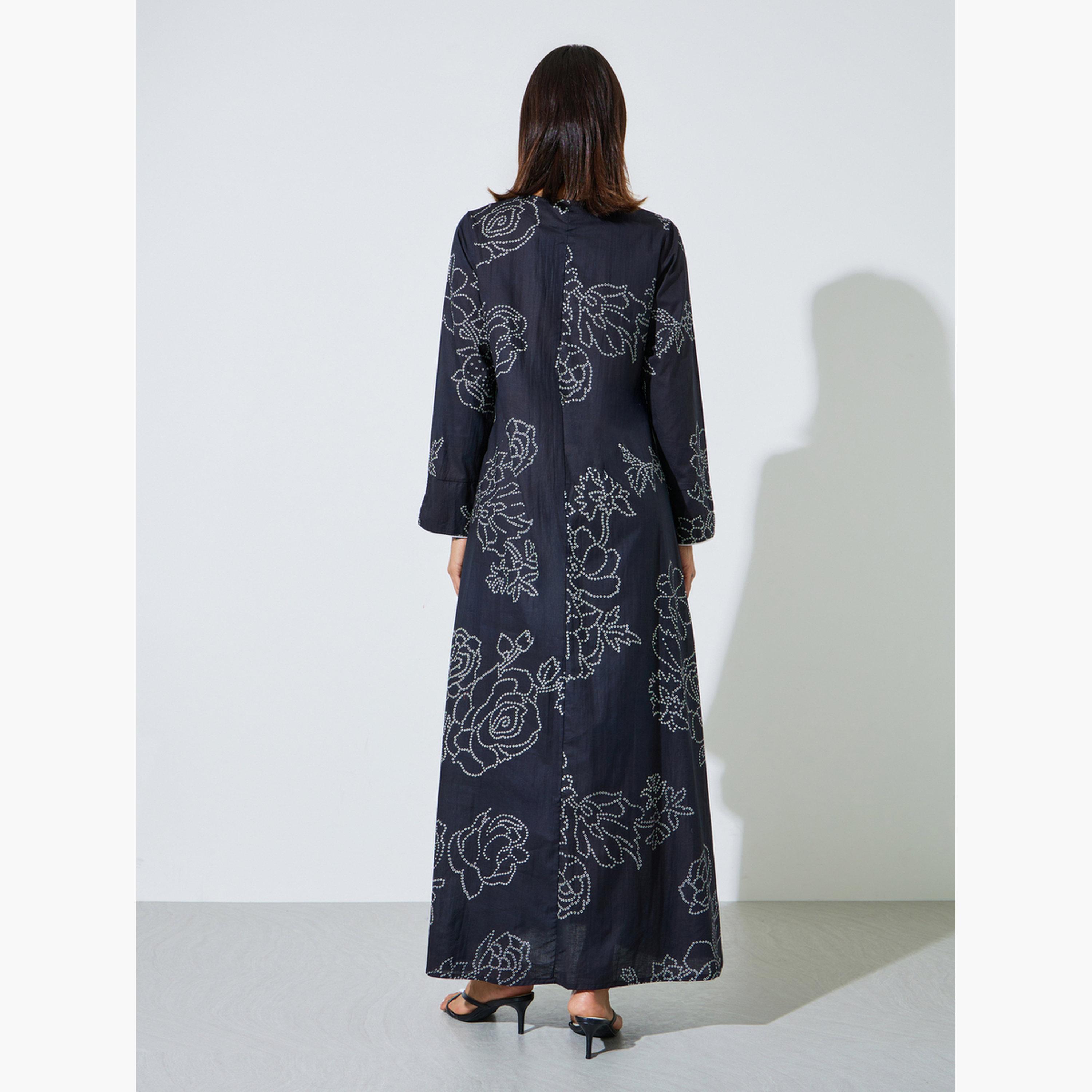 Amirah X Styli Black All Over Print Contrast Trim Maxi Jalabiya-women-arabicclothing-sets-image-4