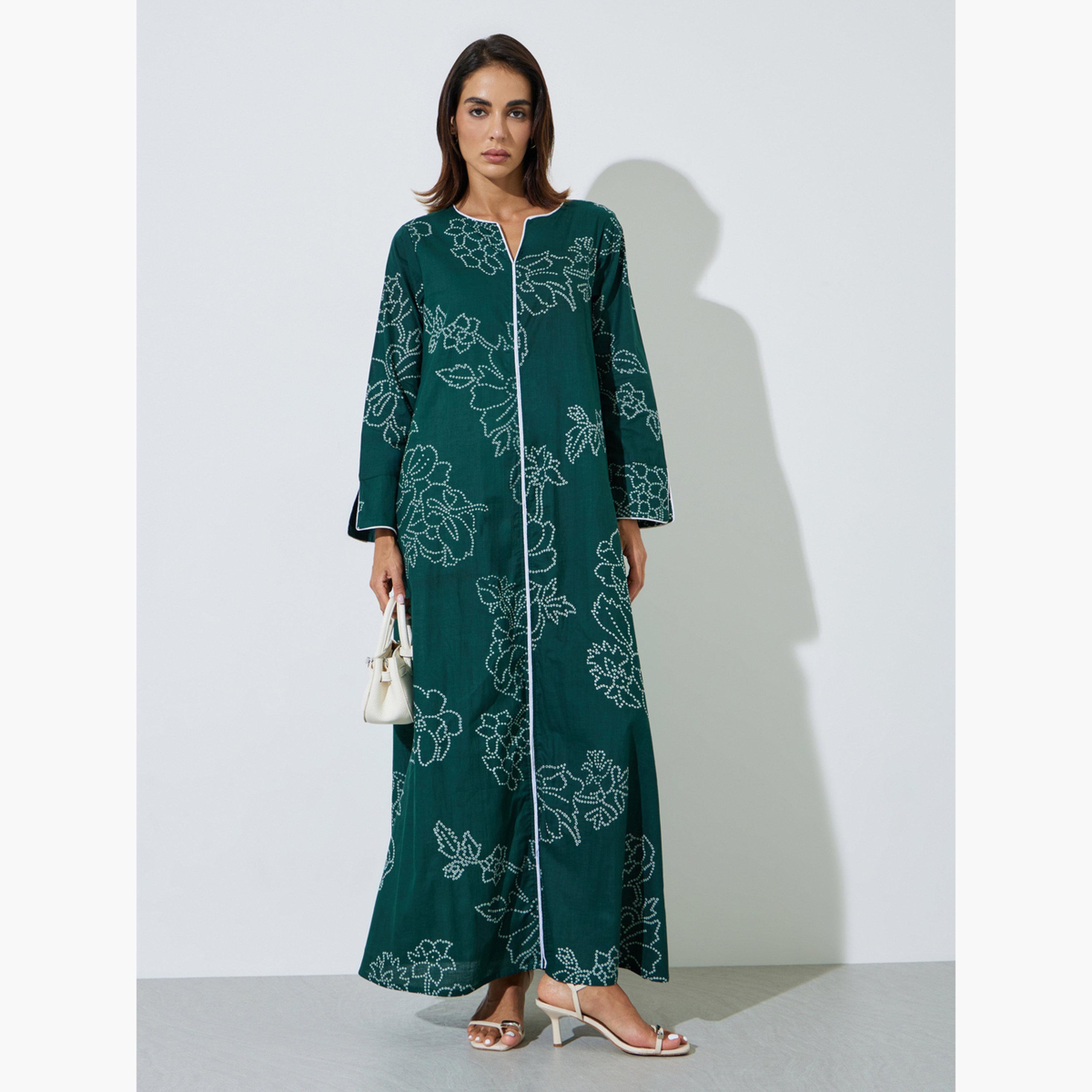 Amirah X Styli Green All Over Print Contrast Trim Maxi Jalabiya-women-arabicclothing-sets-image-1