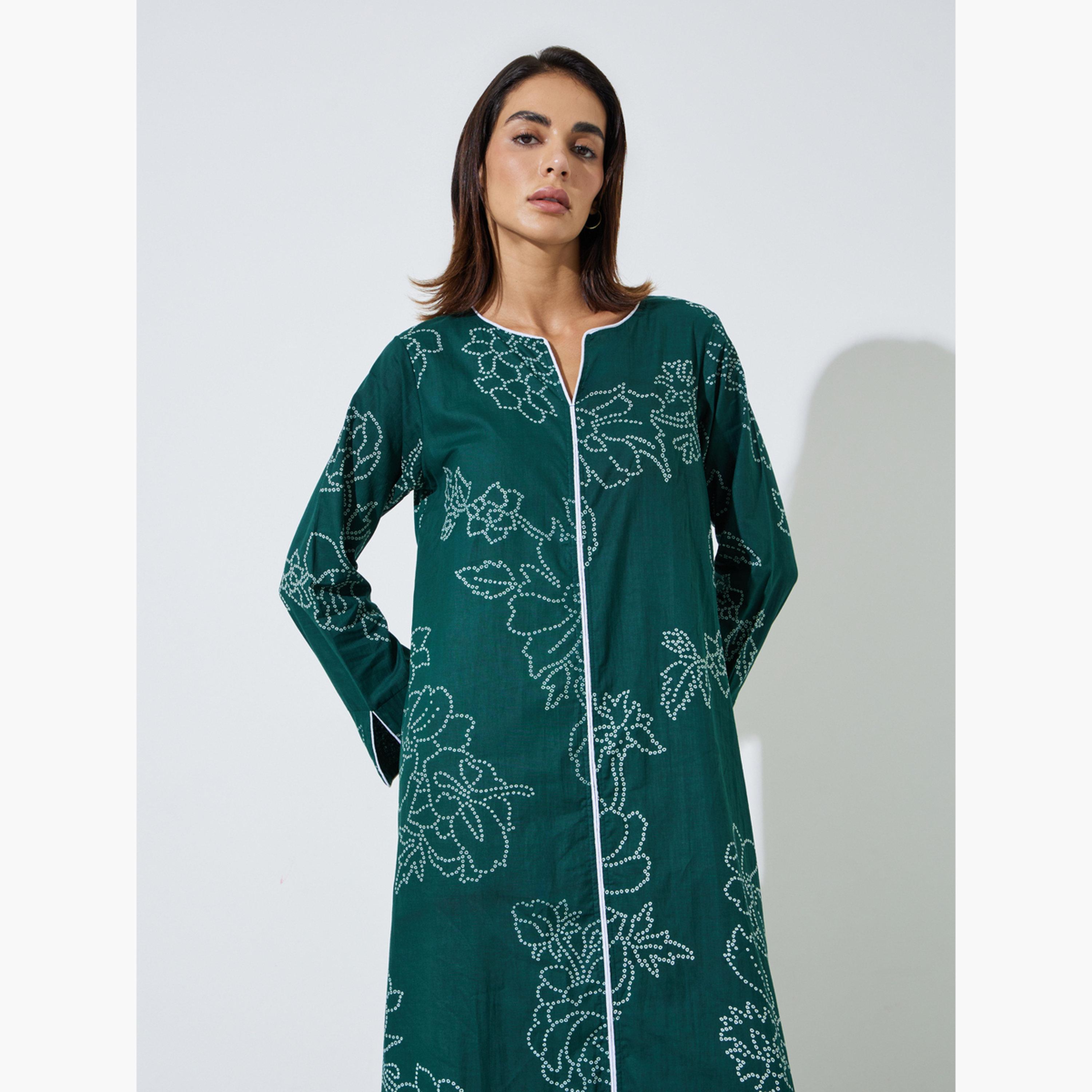Amirah X Styli Green All Over Print Contrast Trim Maxi Jalabiya-women-arabicclothing-sets-image-2