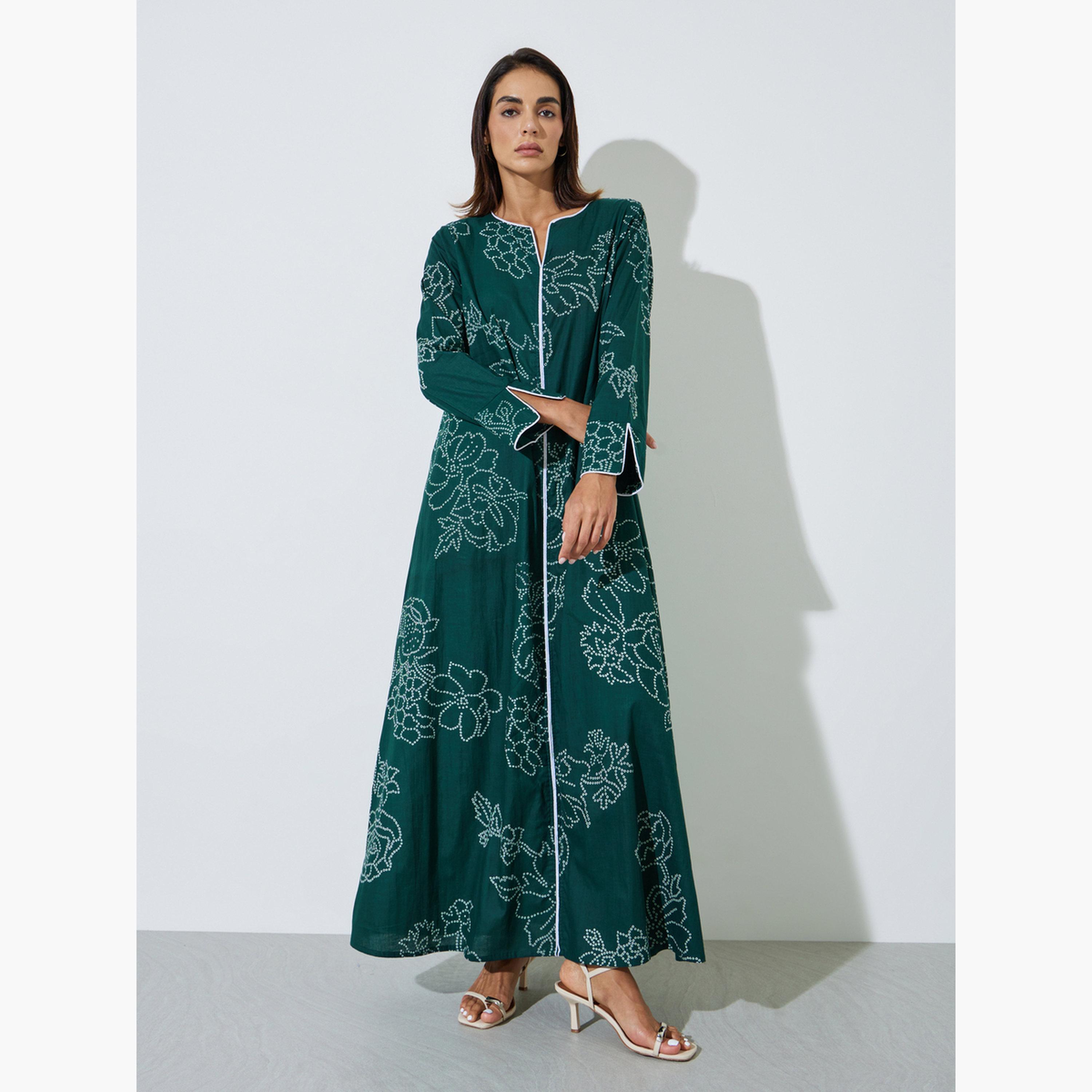 Amirah X Styli Green All Over Print Contrast Trim Maxi Jalabiya-women-arabicclothing-sets-image-3