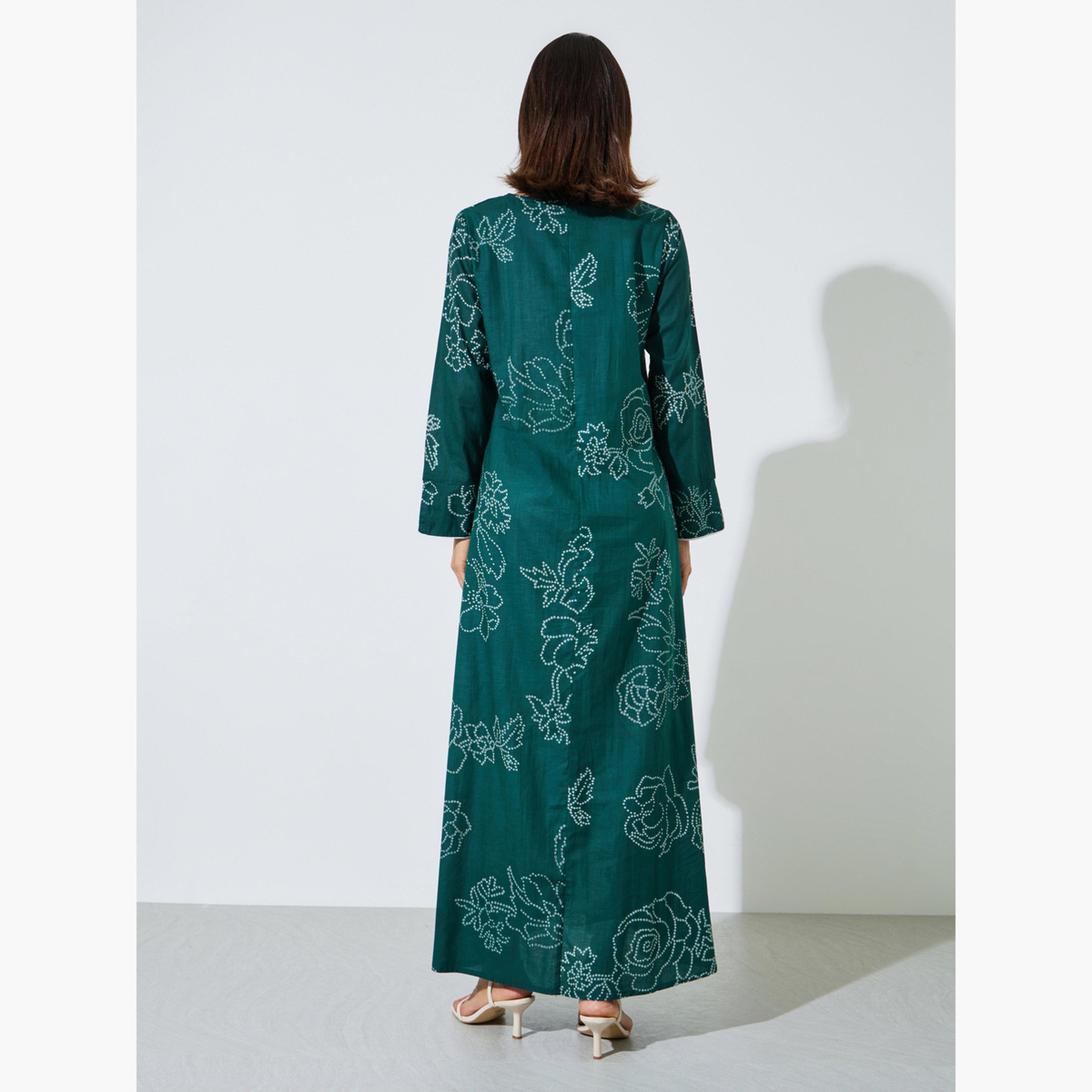 Amirah X Styli Green All Over Print Contrast Trim Maxi Jalabiya-women-arabicclothing-sets-image-4