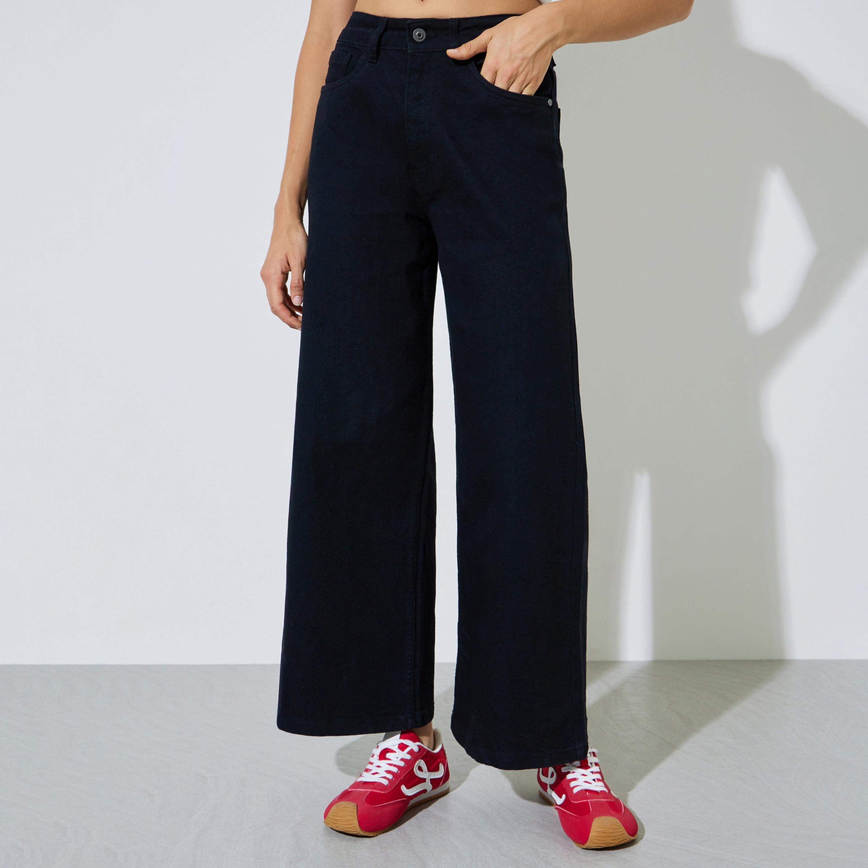 ستايلي - بنطلون جينز أسود واسع الساقين بخصر متوسط-women-clothing-bottoms-jeans-image-1