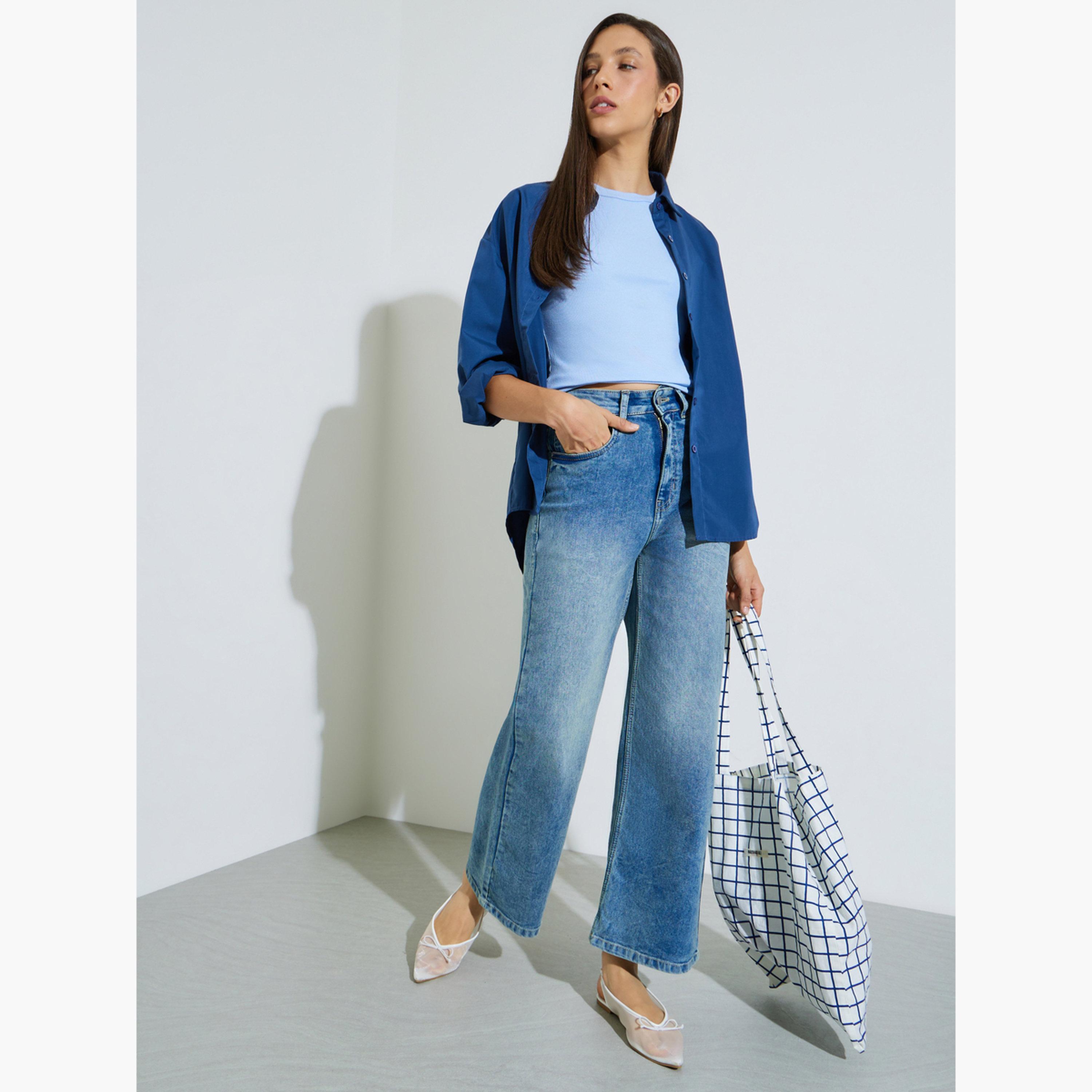 Styli Blue Super Stretch Twill Cotton Wide Leg Jeans-women-clothing-bottoms-jeans-image-2