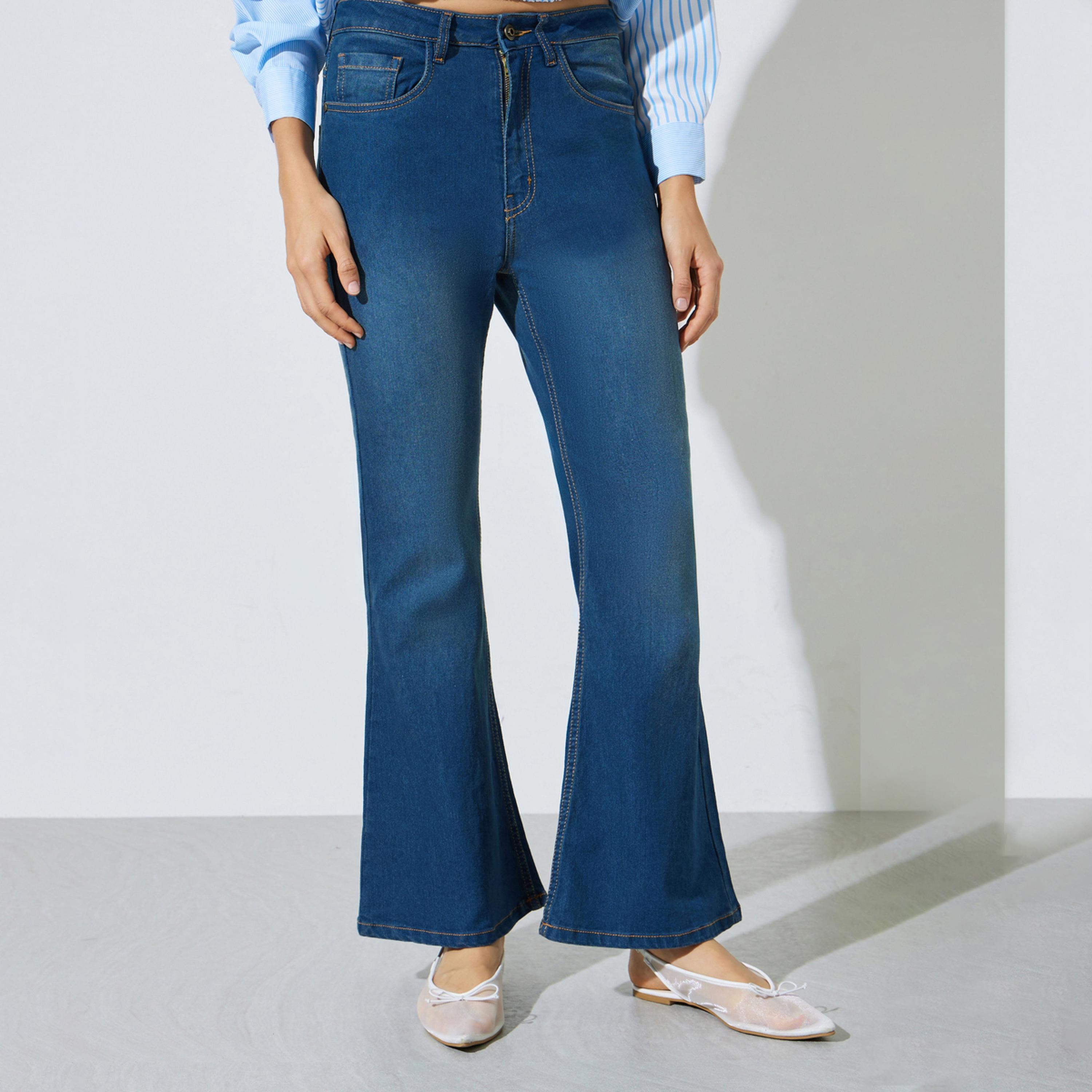 Styli Medium Blue Faded Stretch Flared Jeans-women-clothing-bottoms-jeans-image-1