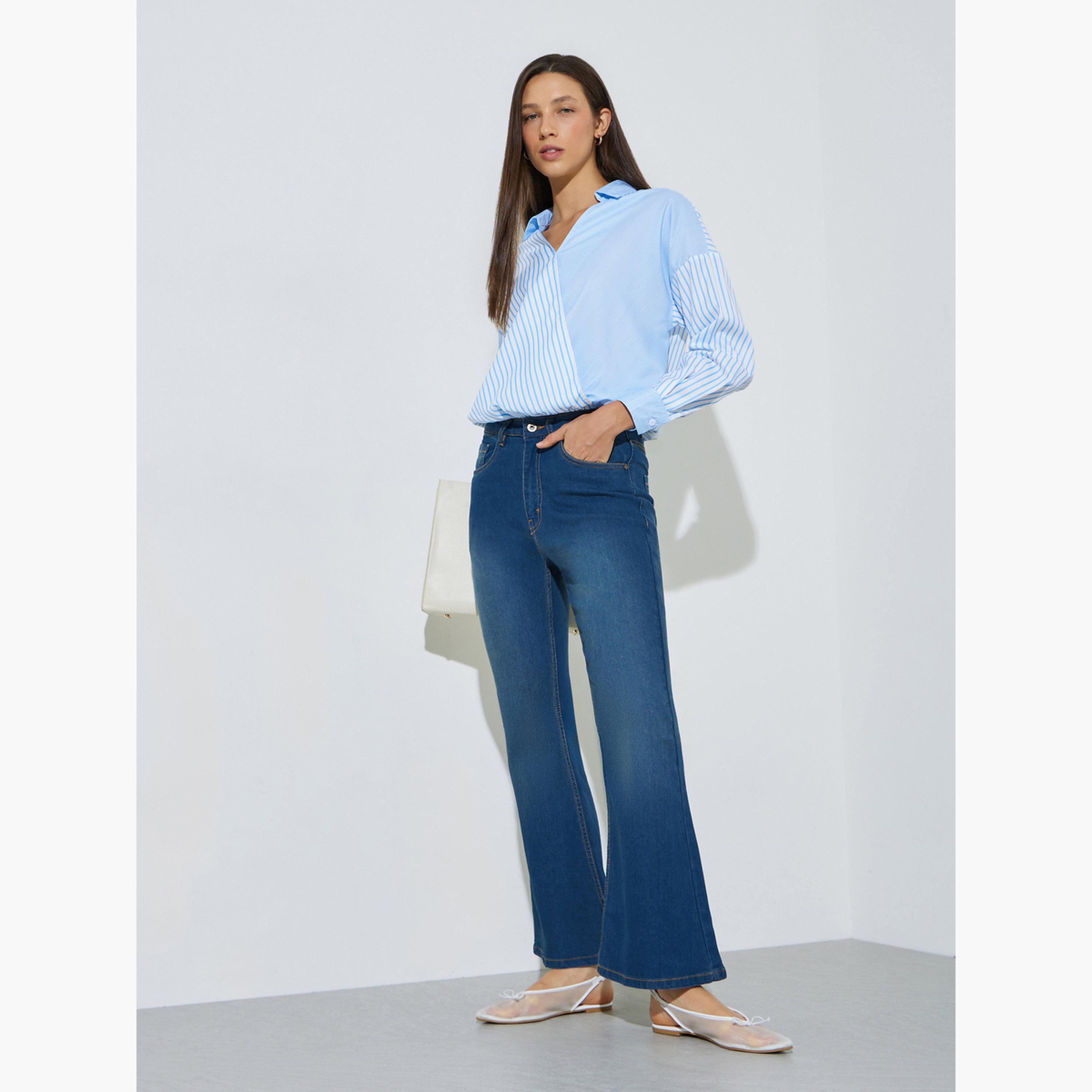 Styli Medium Blue Faded Stretch Flared Jeans-women-clothing-bottoms-jeans-image-2