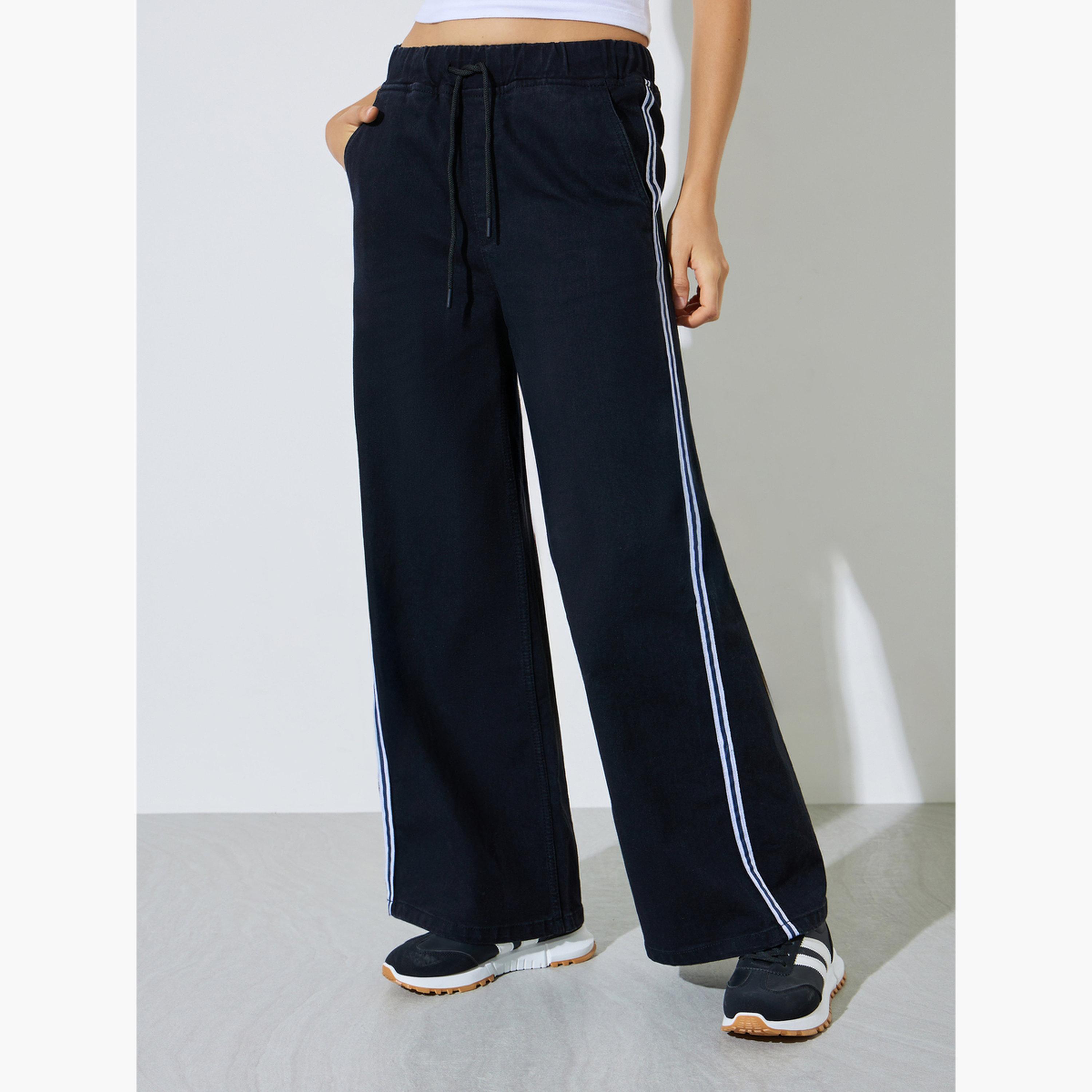 Styli Black Wide Leg Denim Jogger with Side Taping Detail-women-clothing-bottoms-joggers-image-1