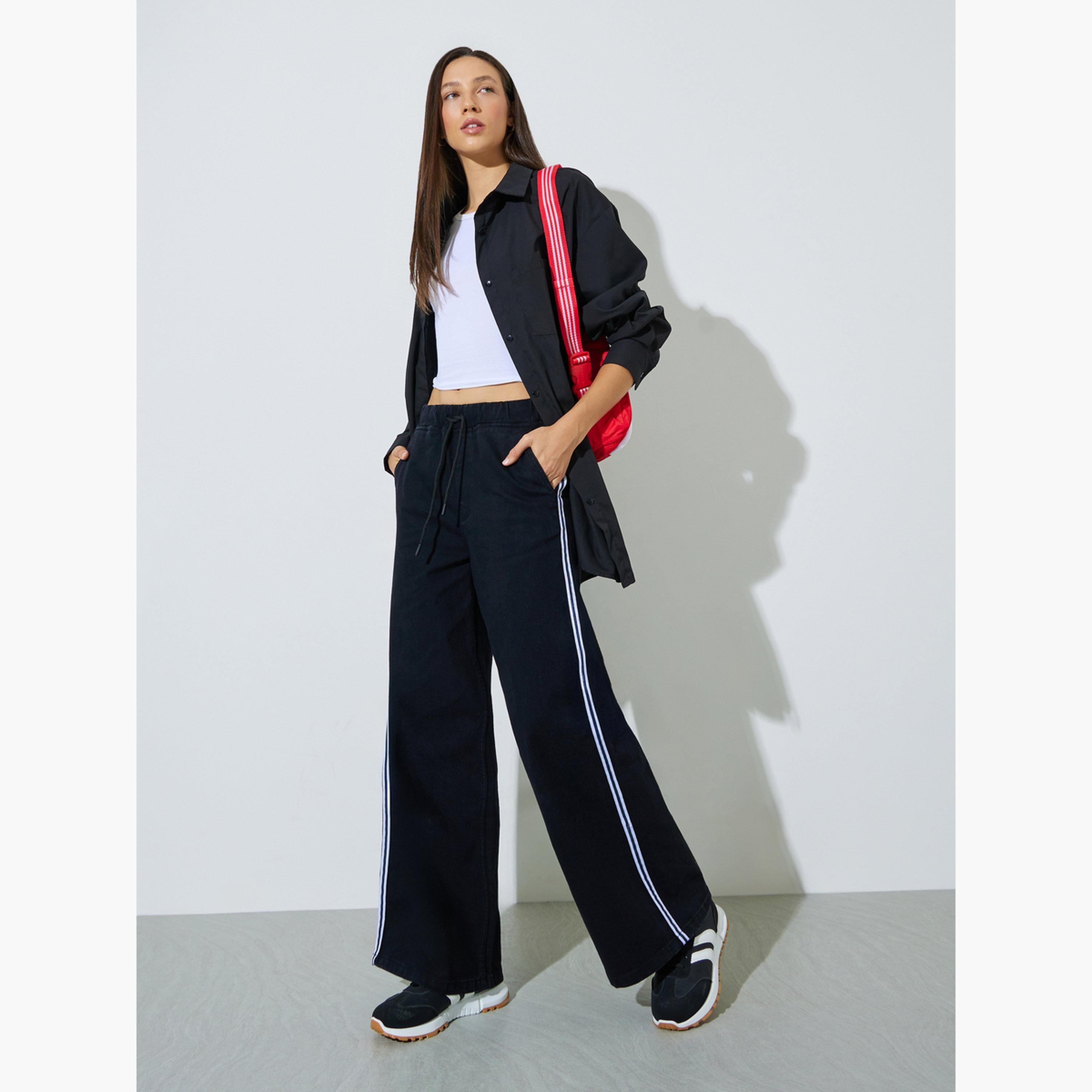 Styli Black Wide Leg Denim Jogger with Side Taping Detail-women-clothing-bottoms-joggers-image-2