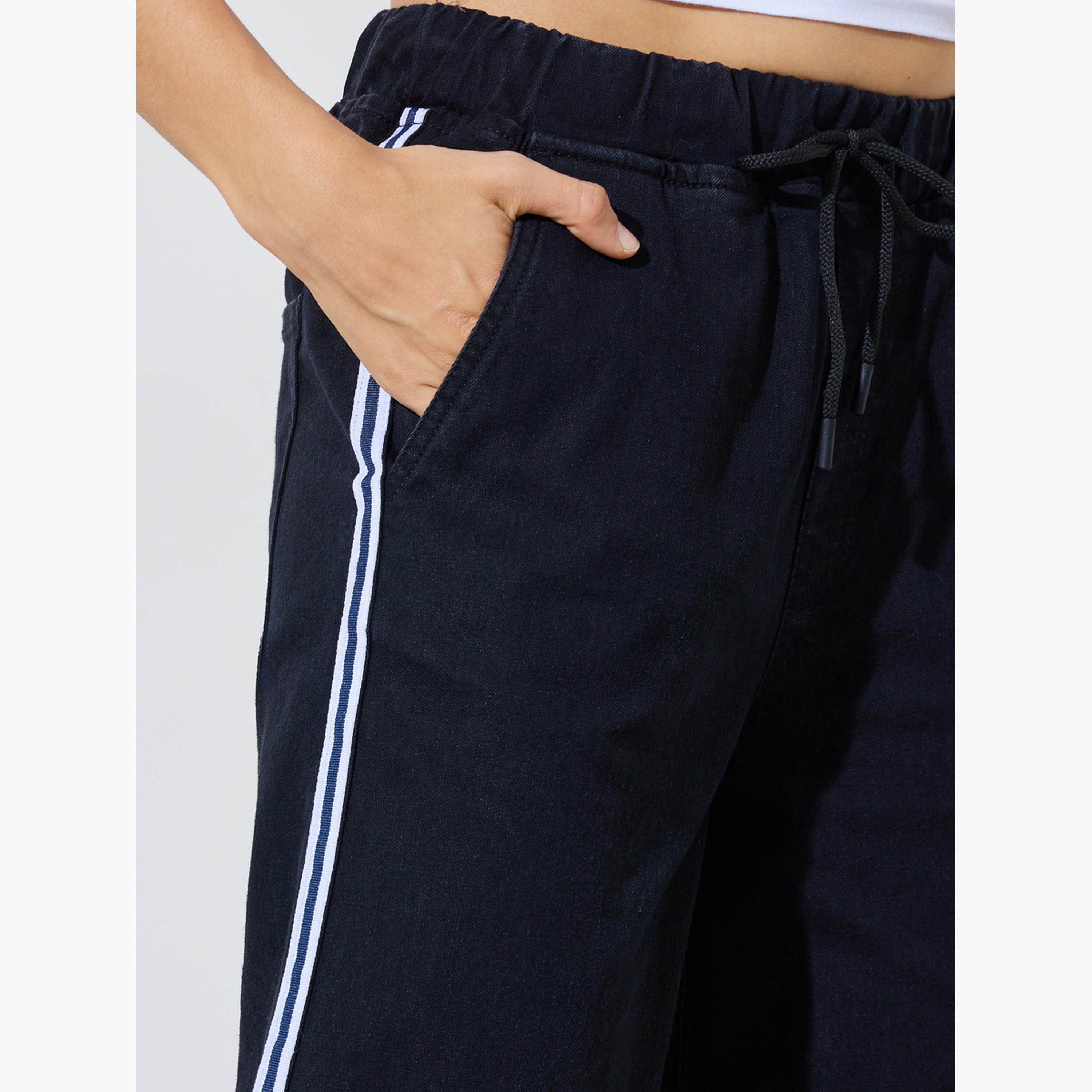 Styli Black Wide Leg Denim Jogger with Side Taping Detail-women-clothing-bottoms-joggers-image-4