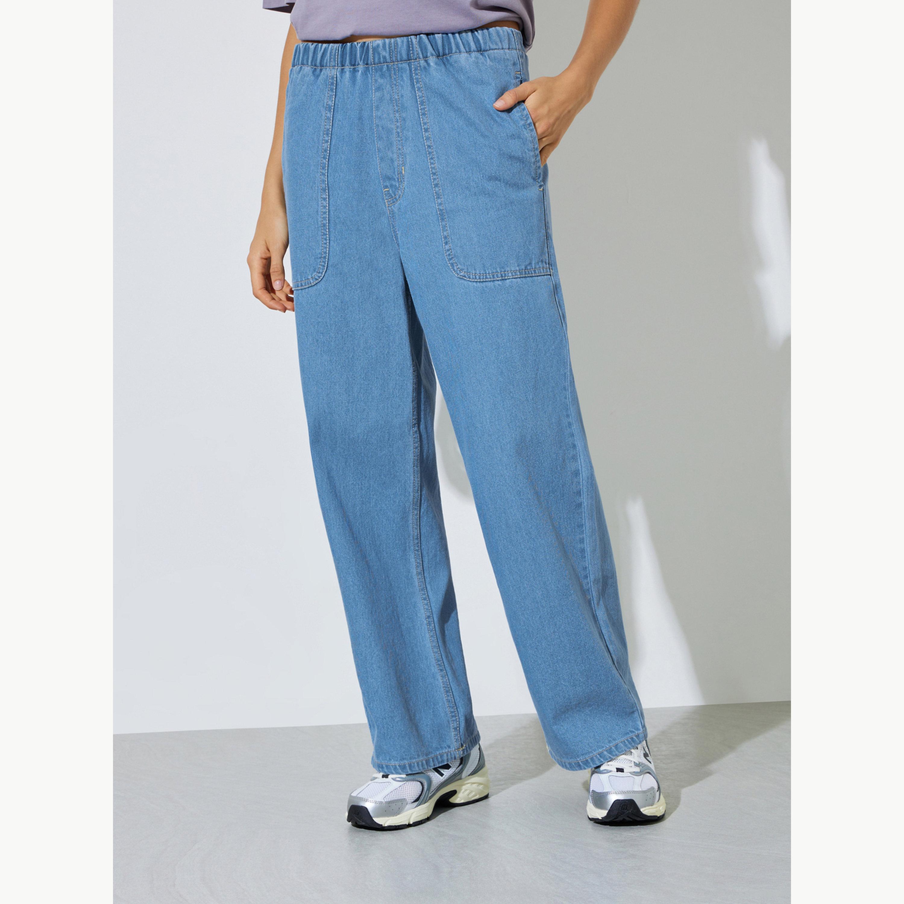 Styli Blue Straight Fit Jogger Style Jeans with Patch Pocket-women-clothing-bottoms-jeans-image-1