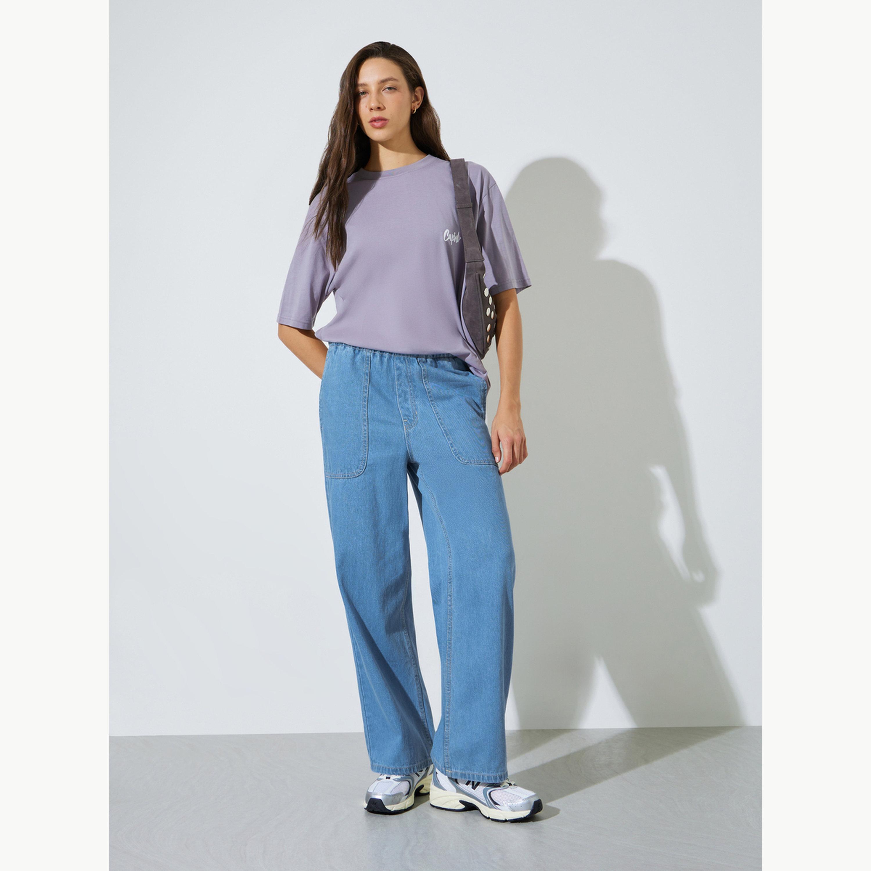 Styli Blue Straight Fit Jogger Style Jeans with Patch Pocket-women-clothing-bottoms-jeans-image-2