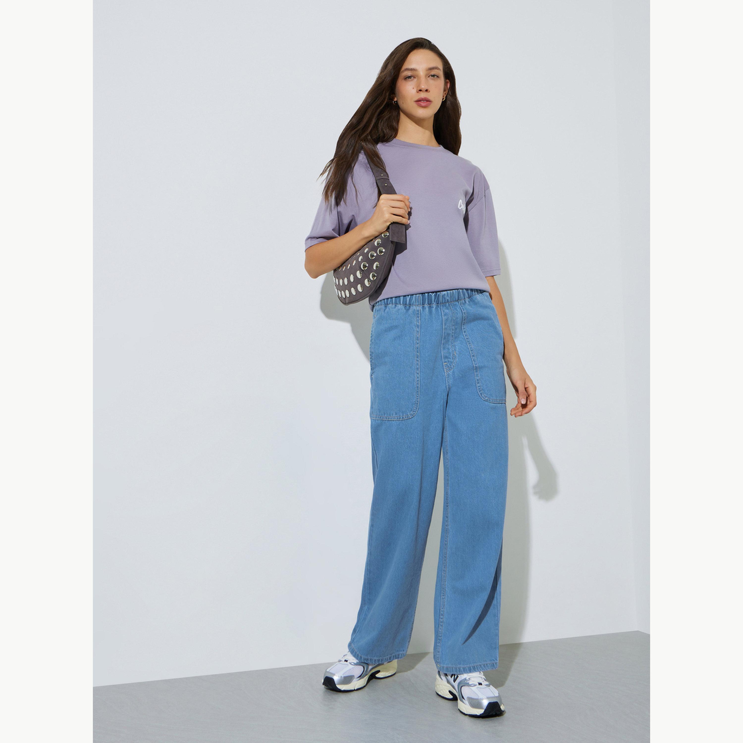 Styli Blue Straight Fit Jogger Style Jeans with Patch Pocket-women-clothing-bottoms-jeans-image-3