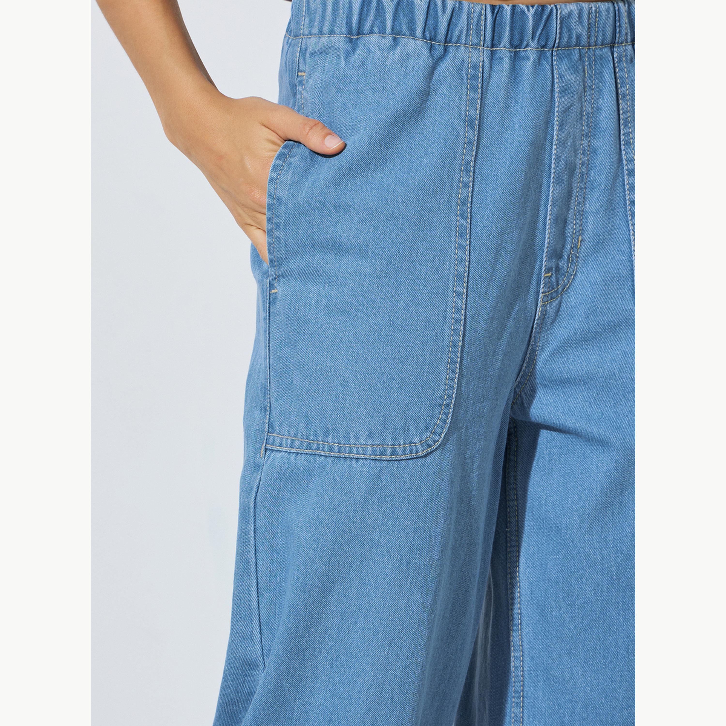 Styli Blue Straight Fit Jogger Style Jeans with Patch Pocket-women-clothing-bottoms-jeans-image-4