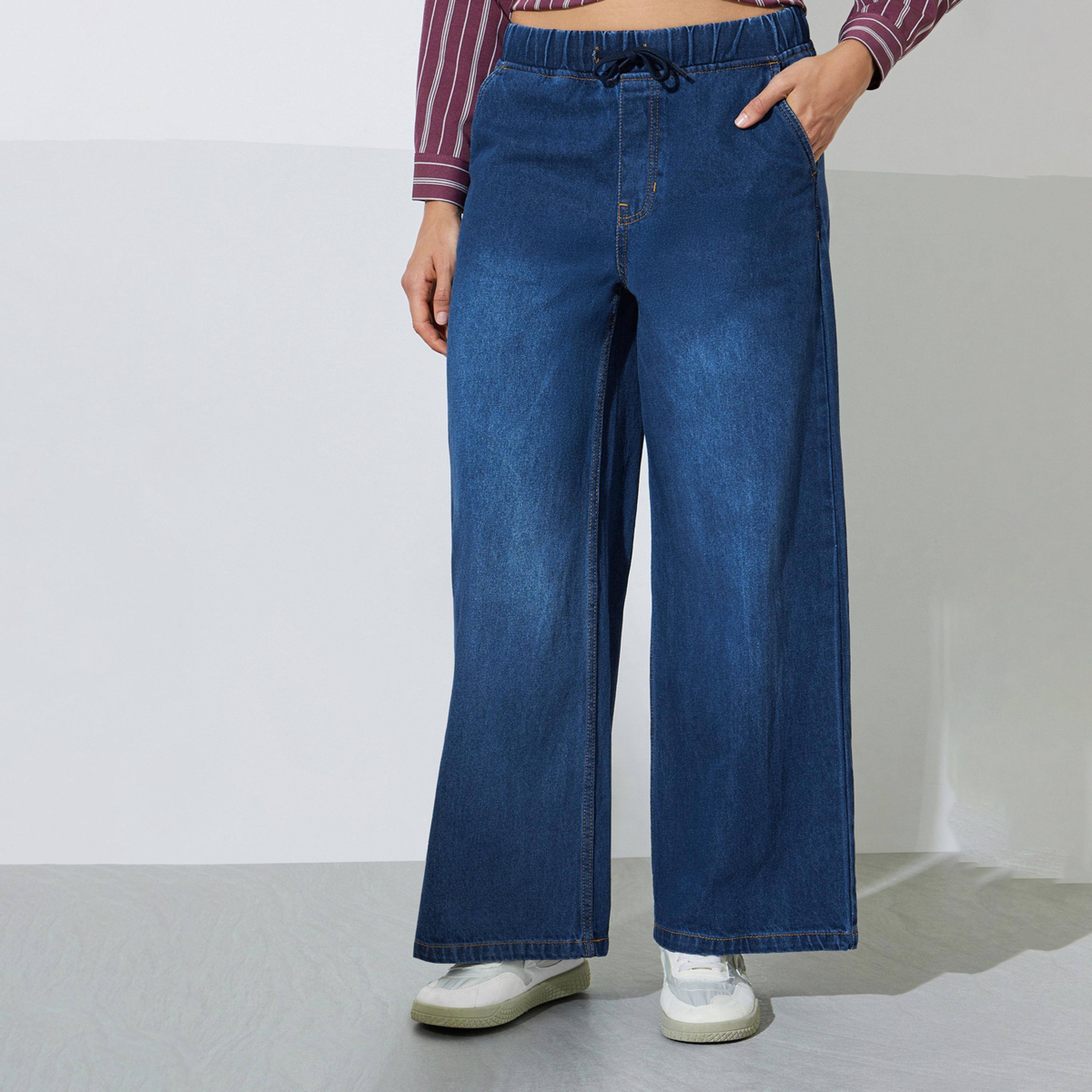 Styli Dark Blue Jogger Style Wide Leg Jeans with Drawcord-women-clothing-bottoms-jeans-image-1
