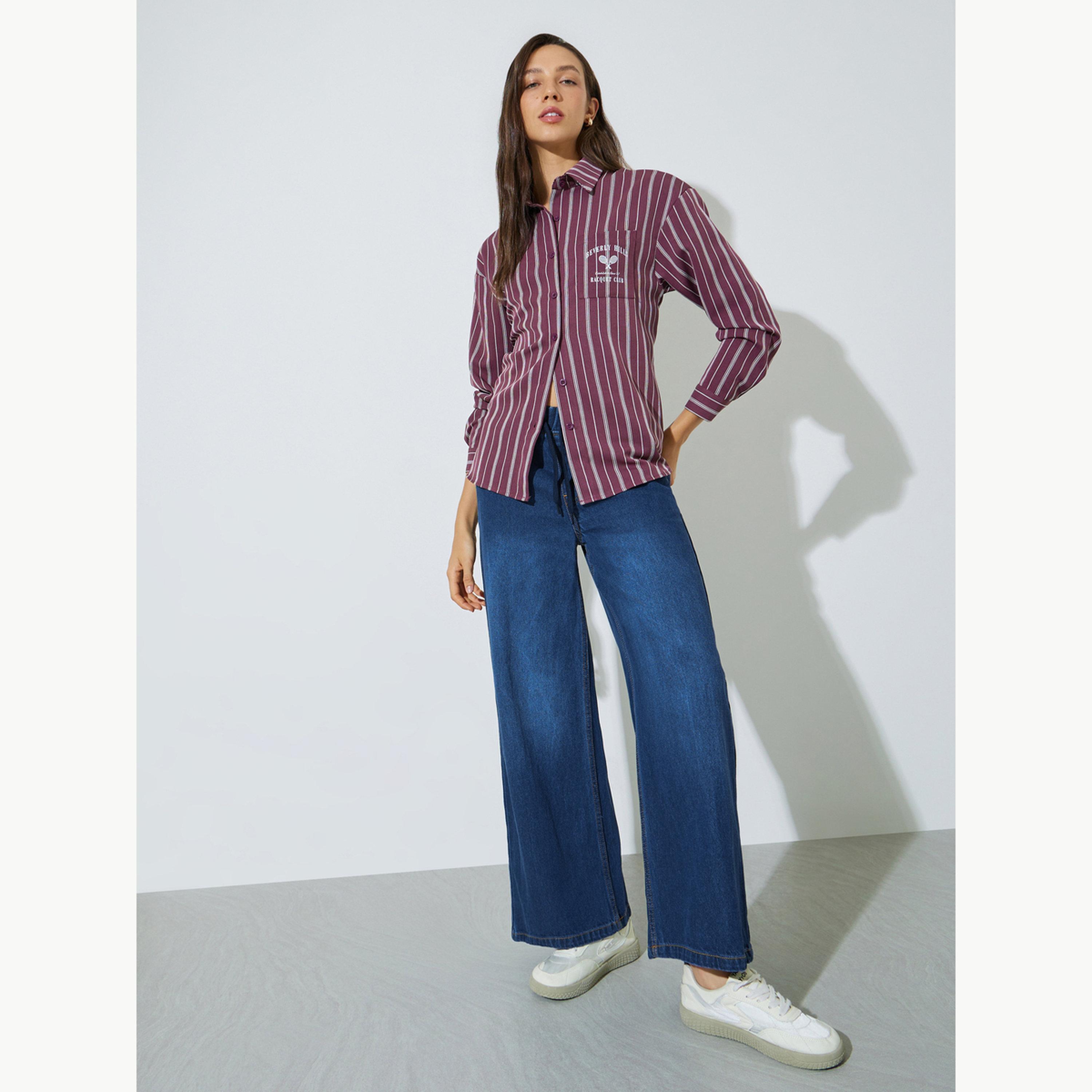 Styli Dark Blue Jogger Style Wide Leg Jeans with Drawcord-women-clothing-bottoms-jeans-image-2