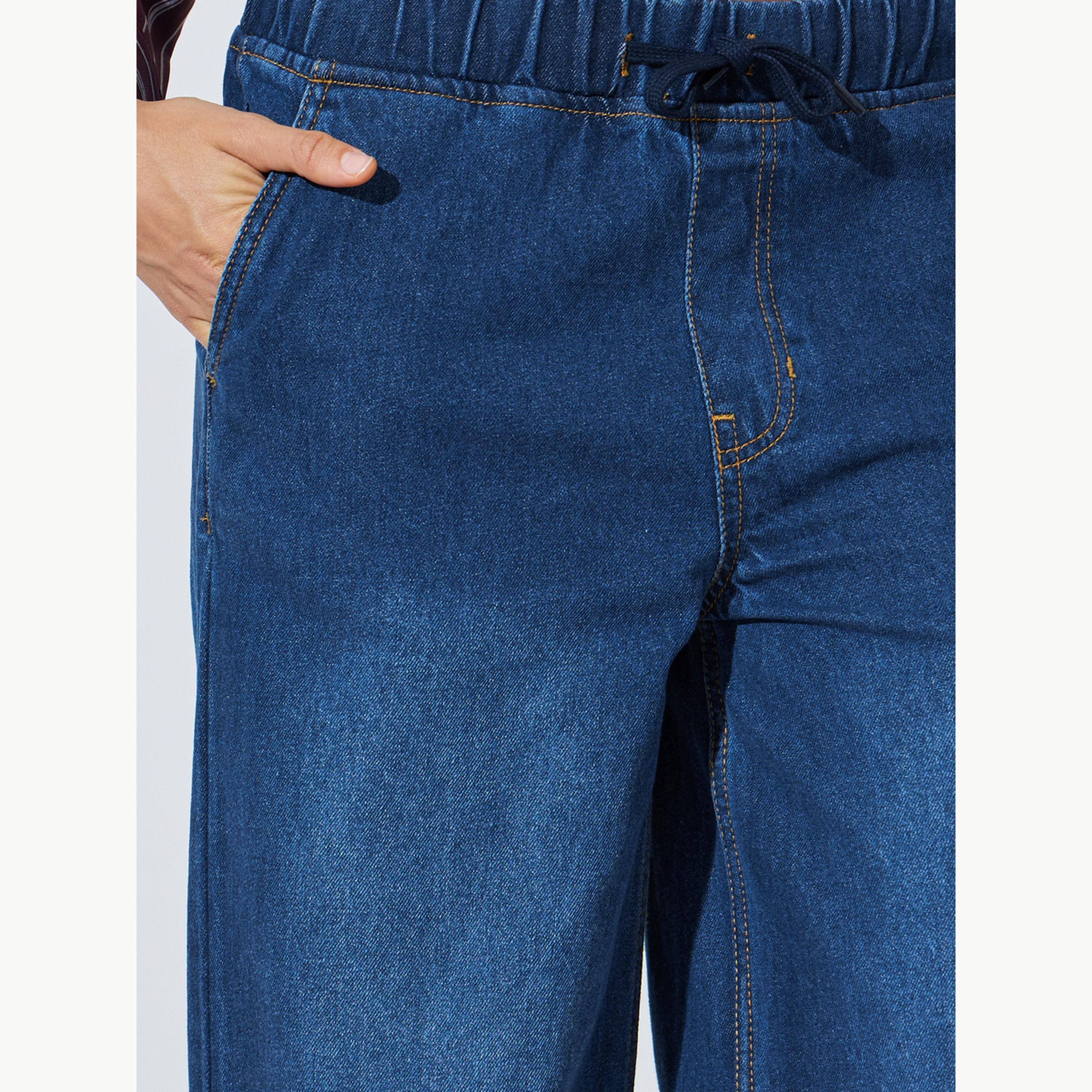 Styli Dark Blue Jogger Style Wide Leg Jeans with Drawcord-women-clothing-bottoms-jeans-image-3