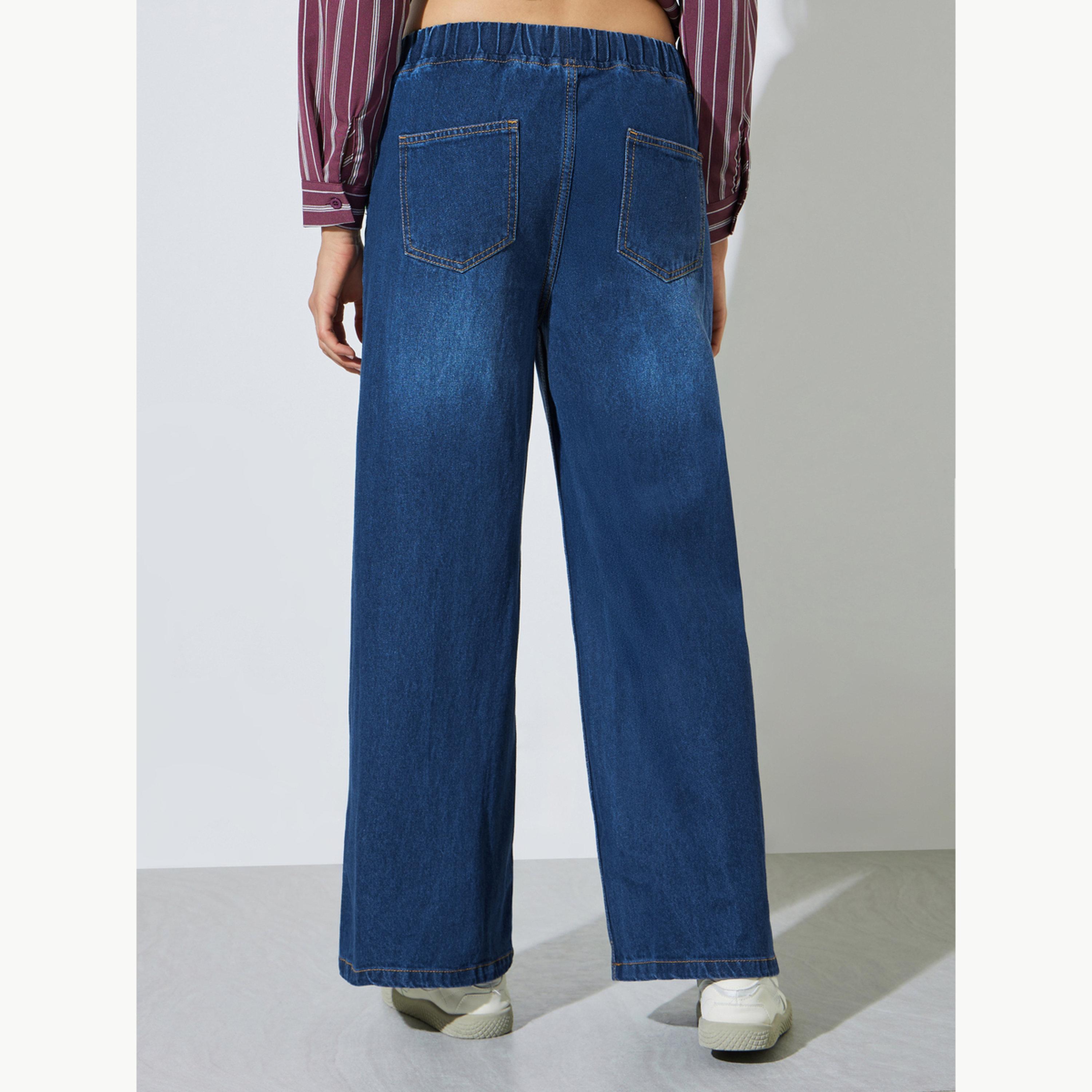 Styli Dark Blue Jogger Style Wide Leg Jeans with Drawcord-women-clothing-bottoms-jeans-image-4