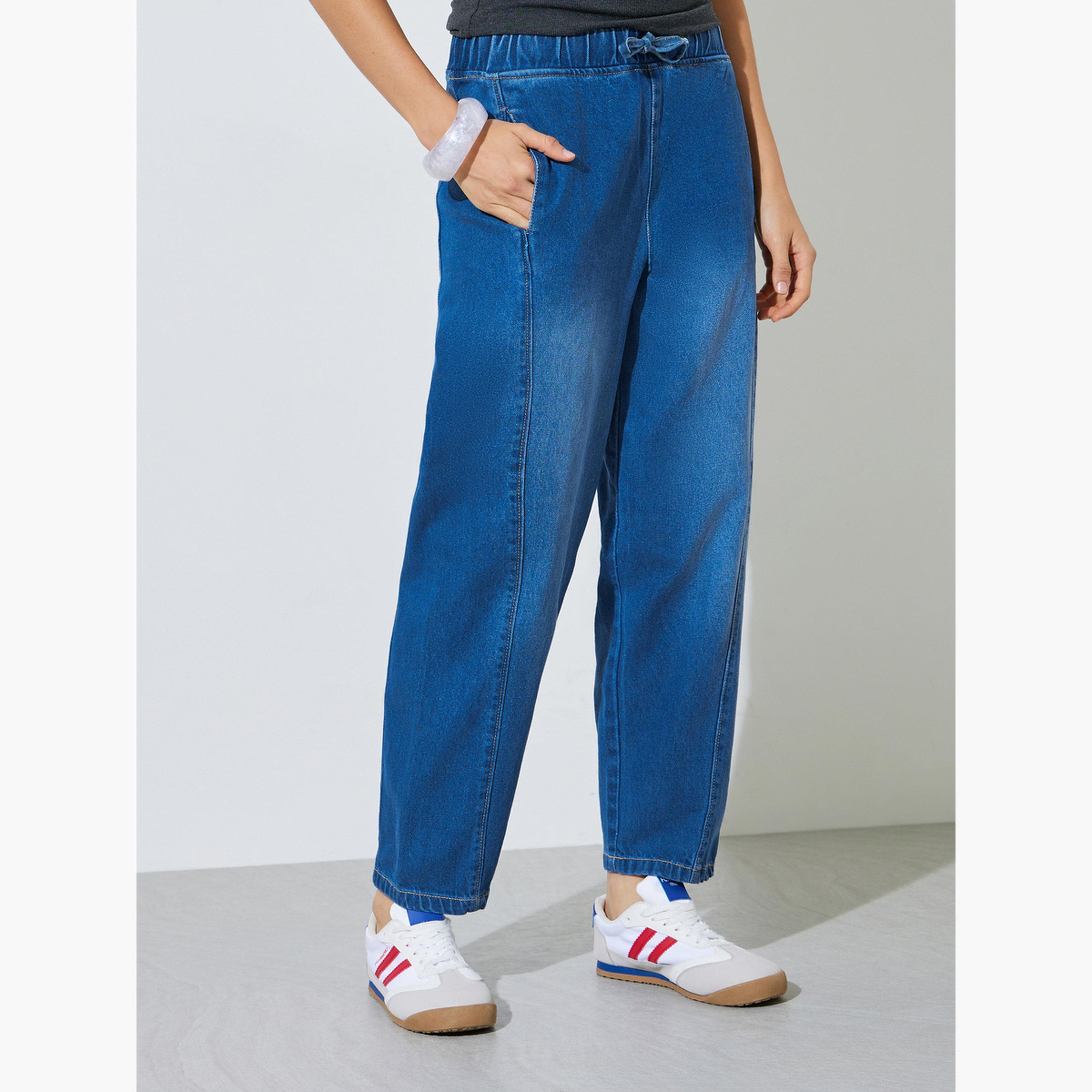 Styli Medium Blue Barrel Fit Jogger Style Jeans-women-clothing-bottoms-jeans-image-1