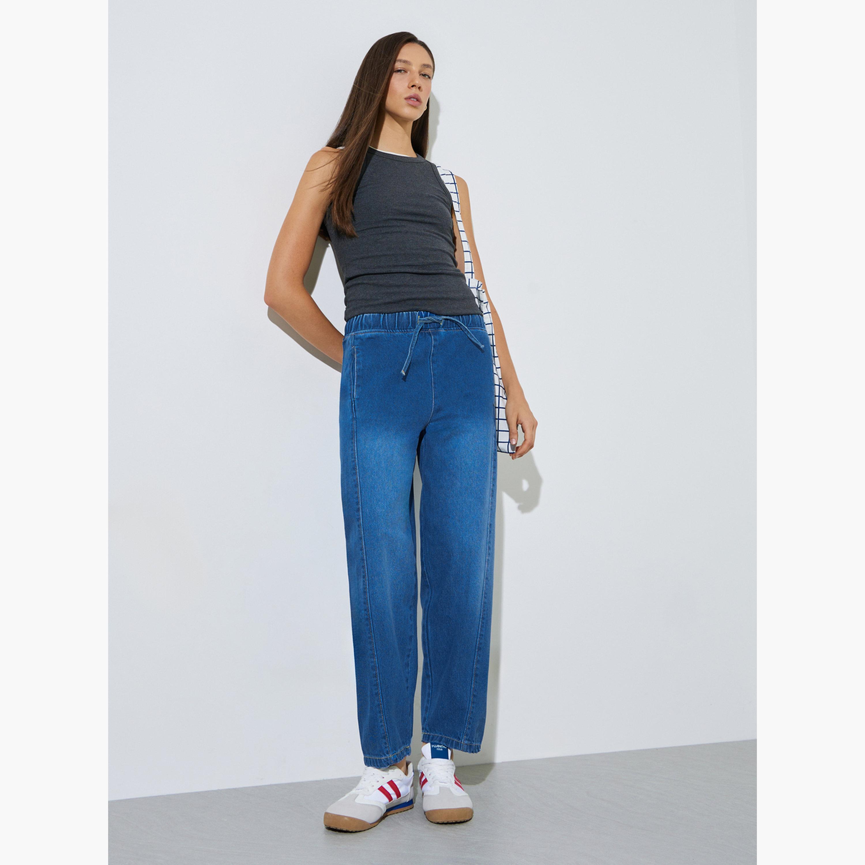 Styli Medium Blue Barrel Fit Jogger Style Jeans-women-clothing-bottoms-jeans-image-2