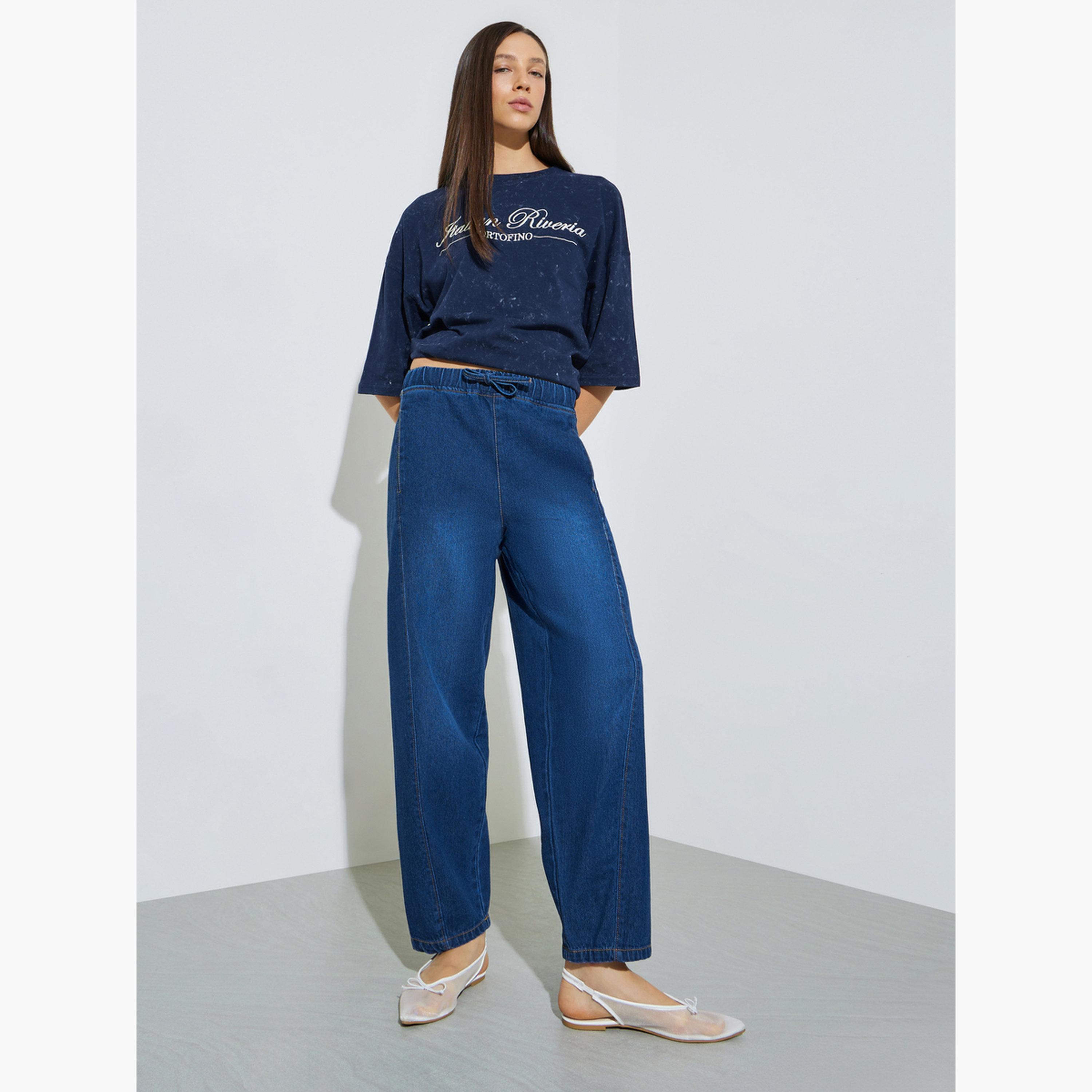 Styli Dark Blue Barrel Fit Jogger Style Jeans-women-clothing-bottoms-jeans-image-2