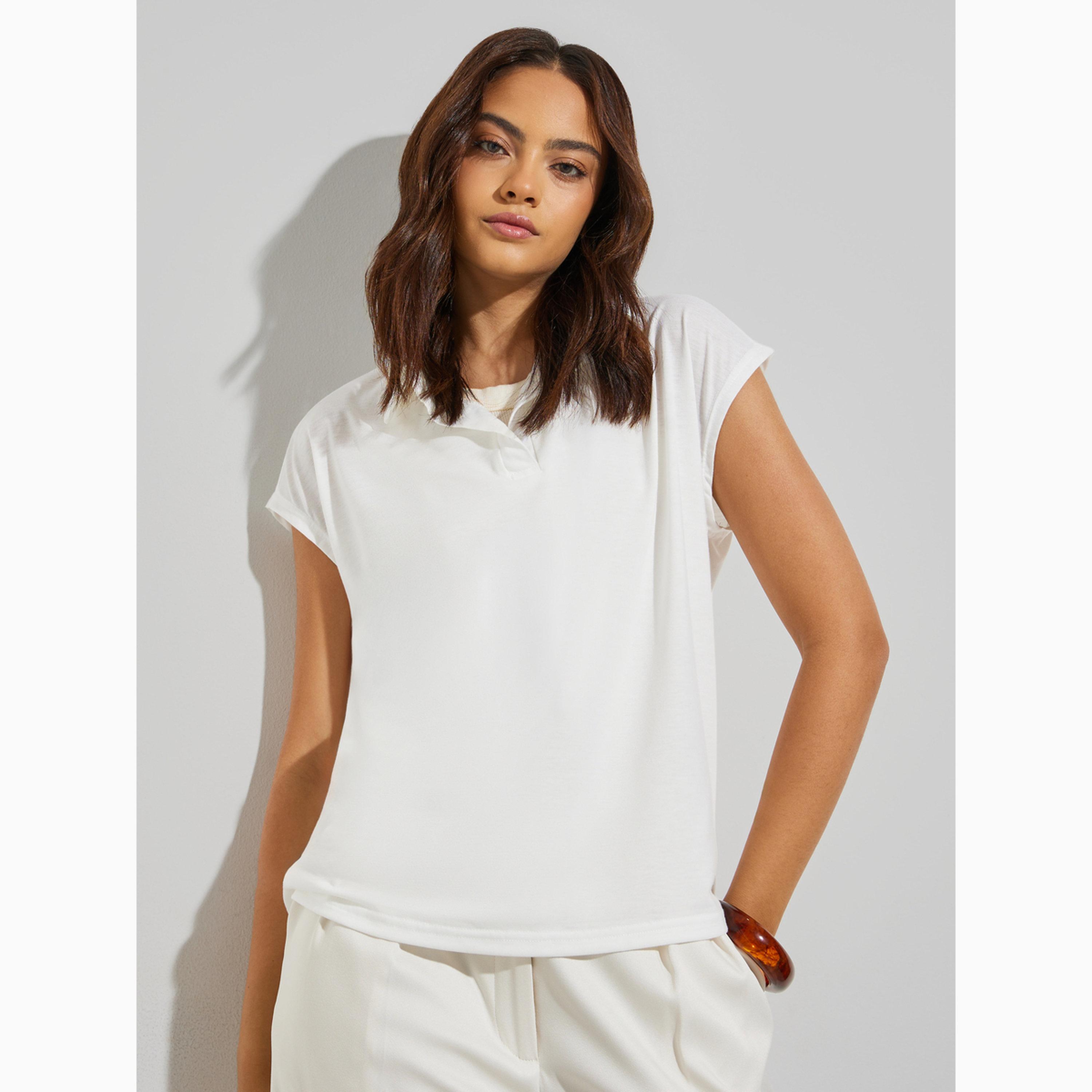 Styli White Knit Polo T-Shirt-women-clothing-tshirts-image-1