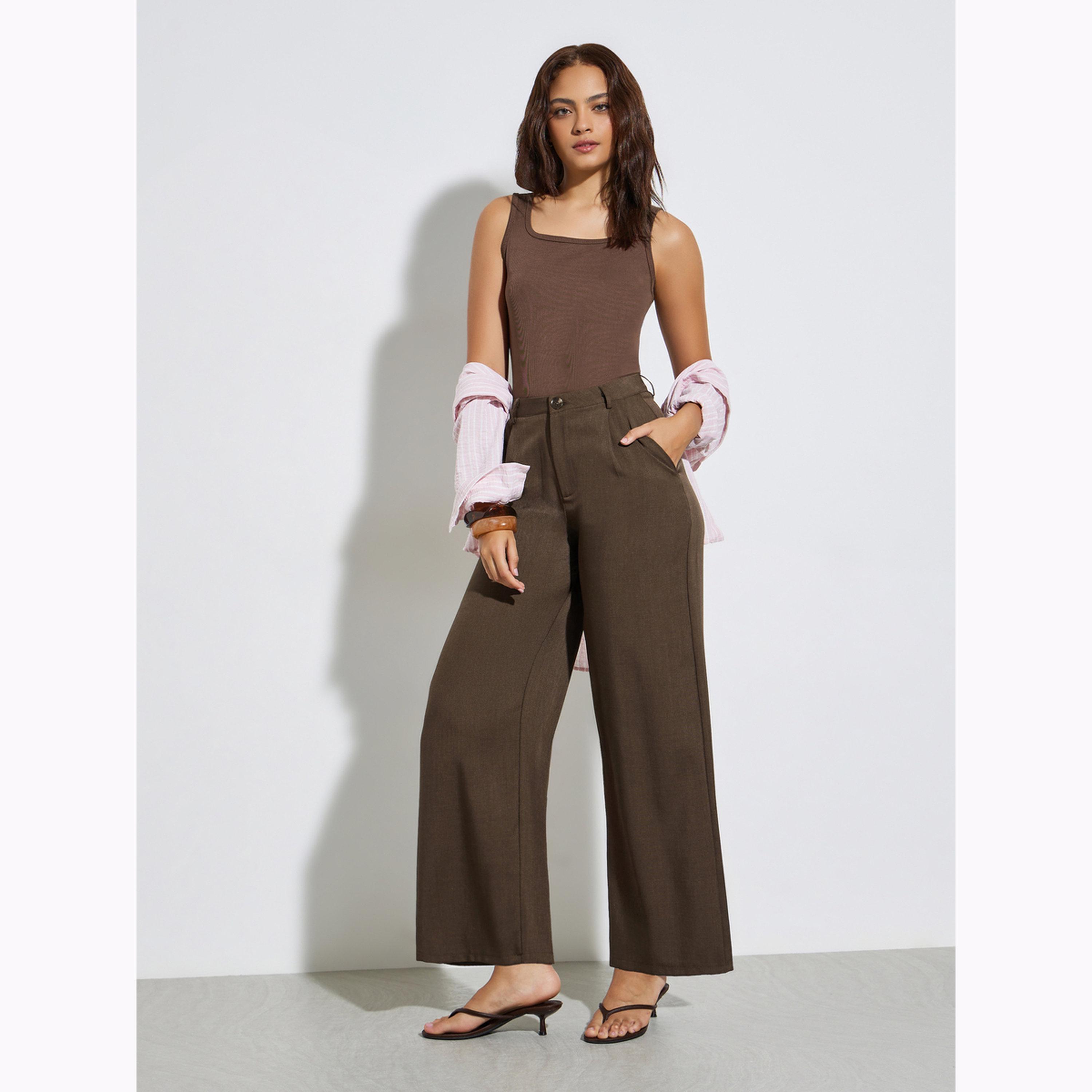 Styli Brown Solid Wide Leg Pants-women-clothing-bottoms-trousers-image-2