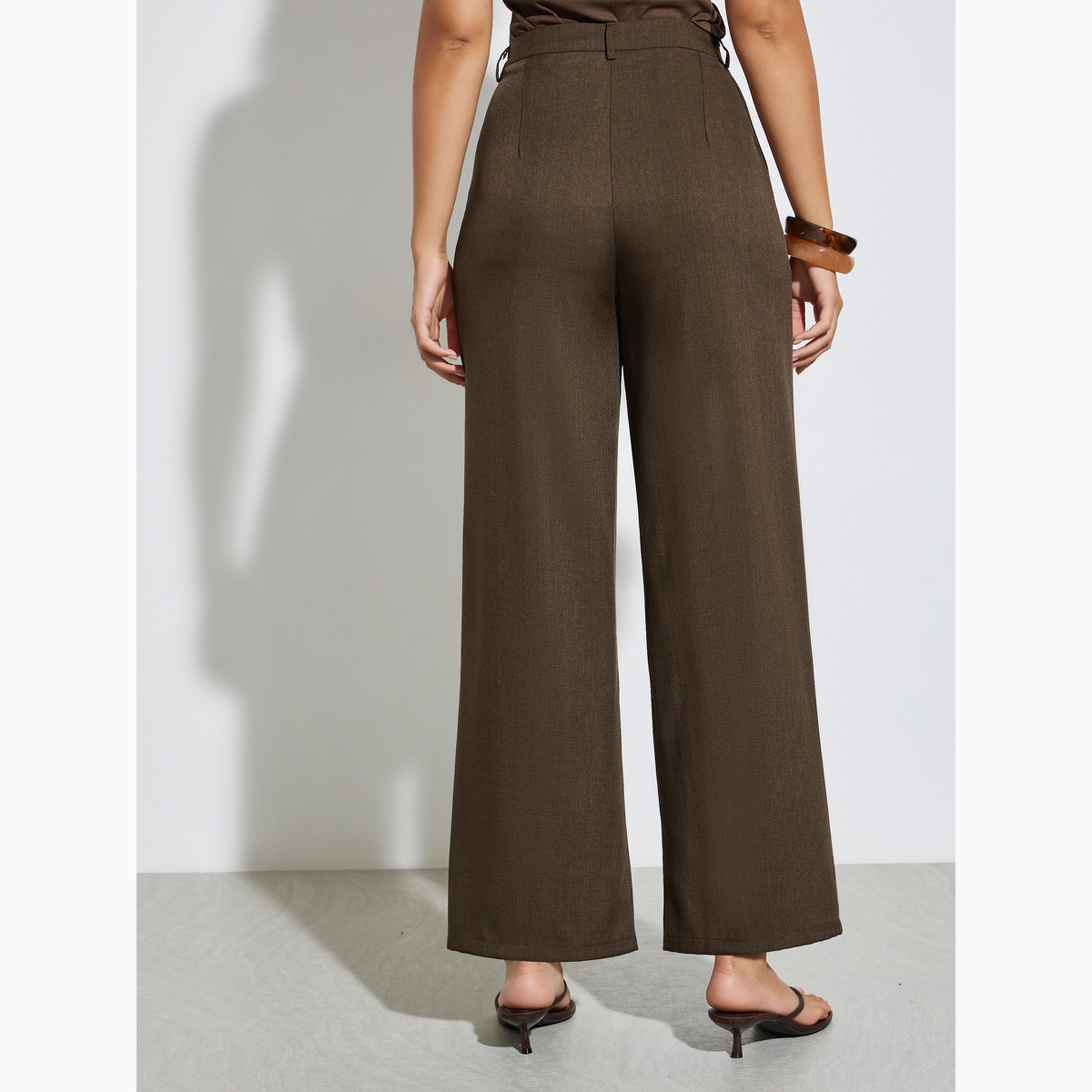Styli Brown Solid Wide Leg Pants-women-clothing-bottoms-trousers-image-4