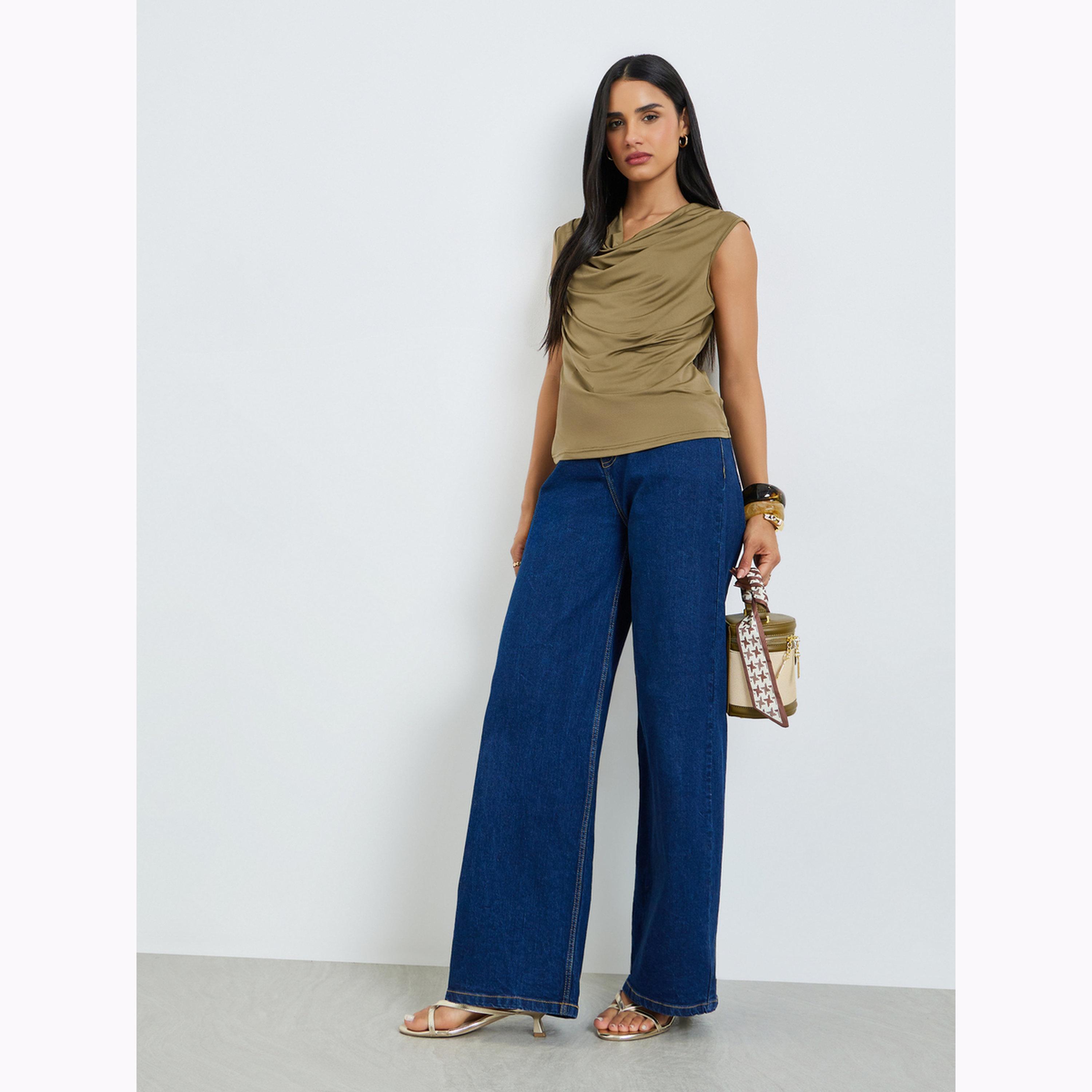 Styli Brown Solid Cowl Neck Knit Top-women-clothing-shirtsandblouses-blouses-image-2