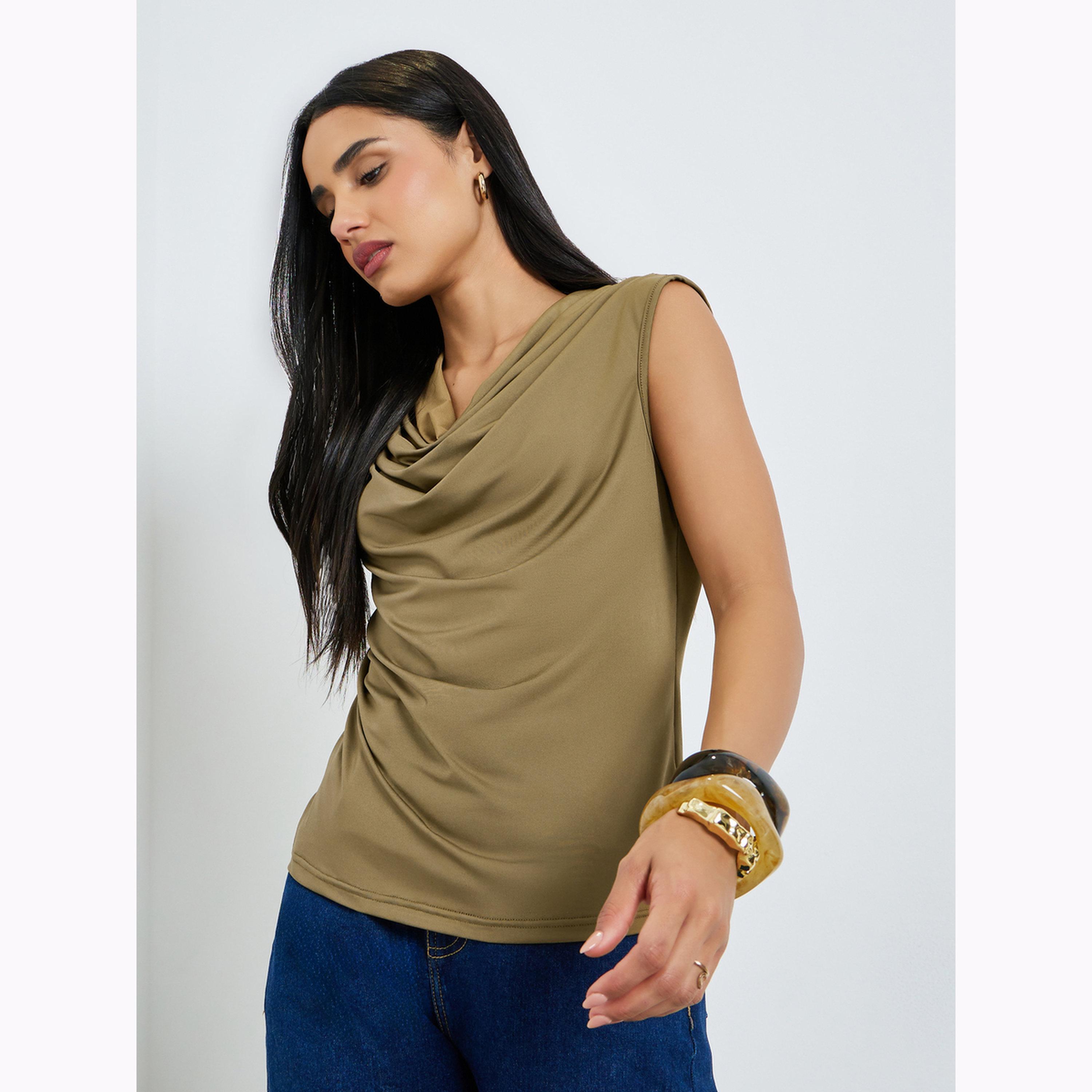 Styli Brown Solid Cowl Neck Knit Top-women-clothing-shirtsandblouses-blouses-image-3