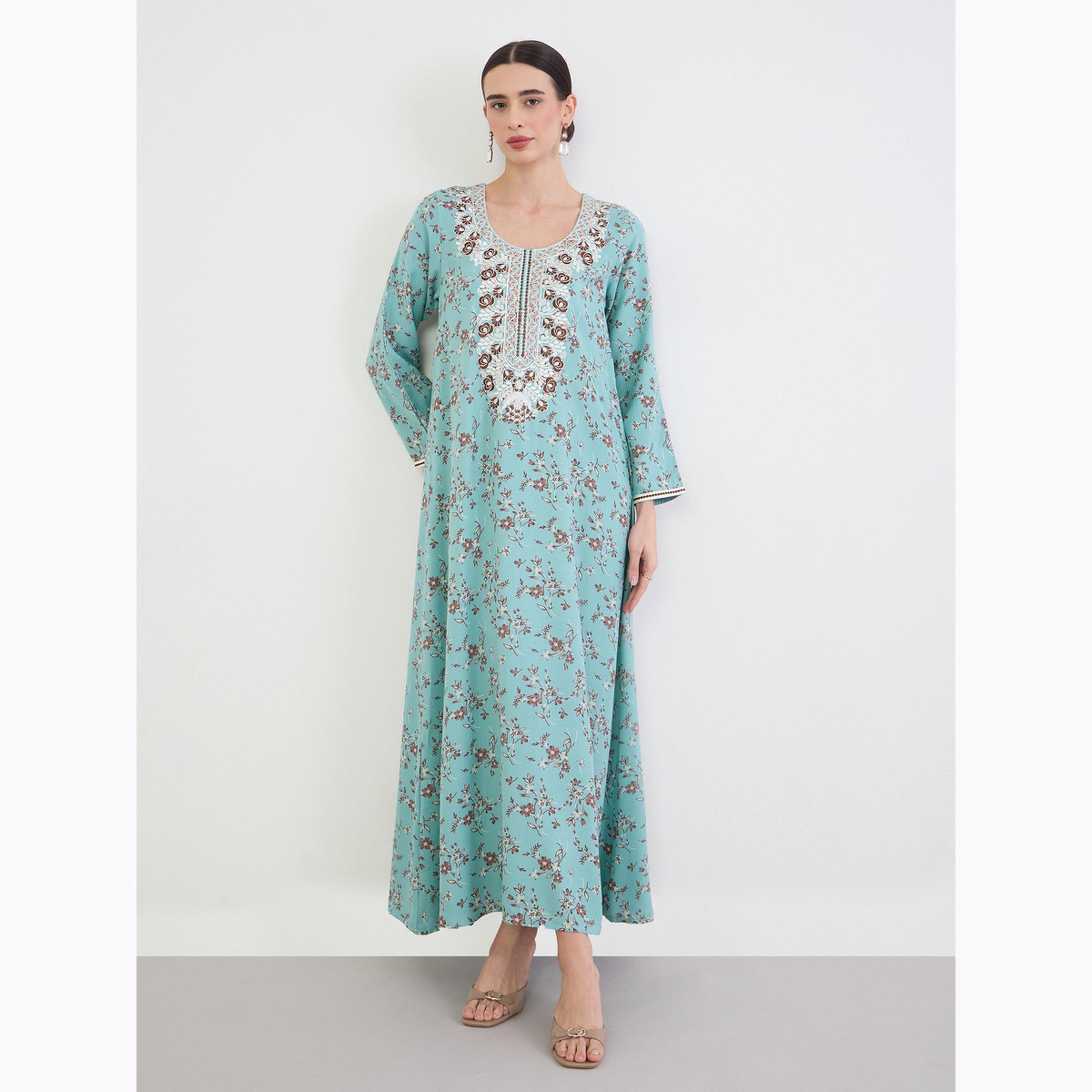 Amirah X Styli Blue Floral Print Embroidered Jalabiya-women-arabicclothing-jalabiyas-image-1