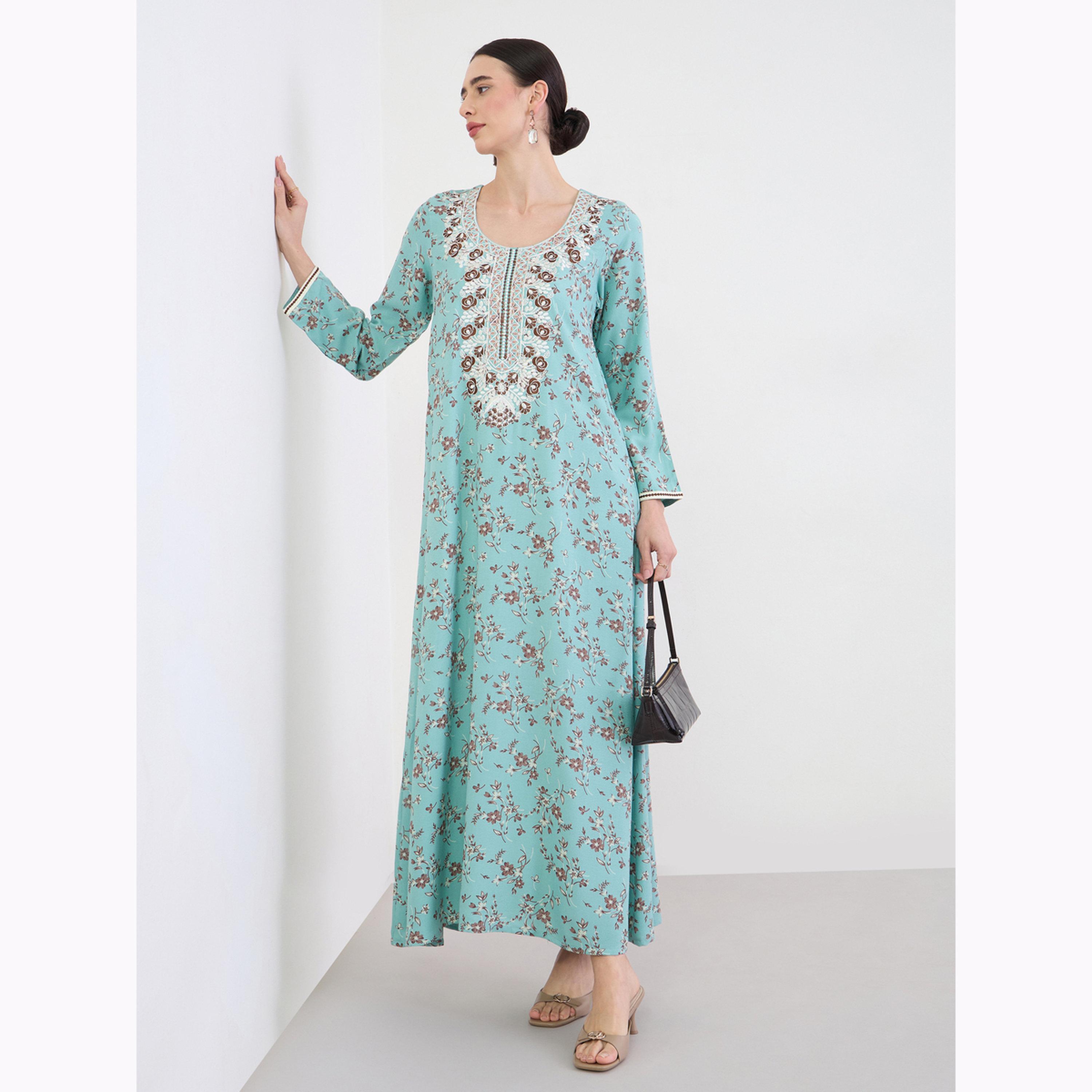 Amirah X Styli Blue Floral Print Embroidered Jalabiya-women-arabicclothing-jalabiyas-image-2