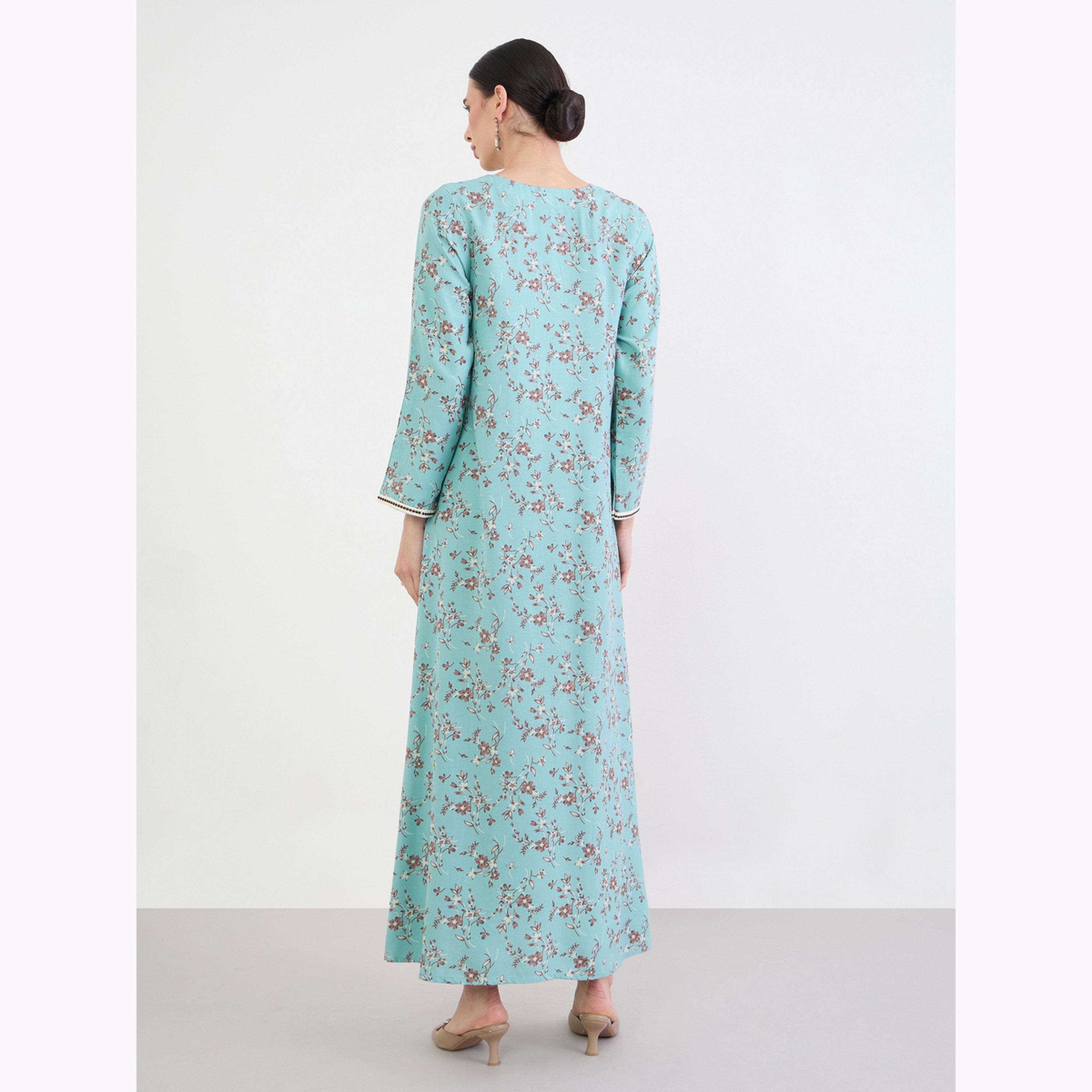 Amirah X Styli Blue Floral Print Embroidered Jalabiya-women-arabicclothing-jalabiyas-image-3