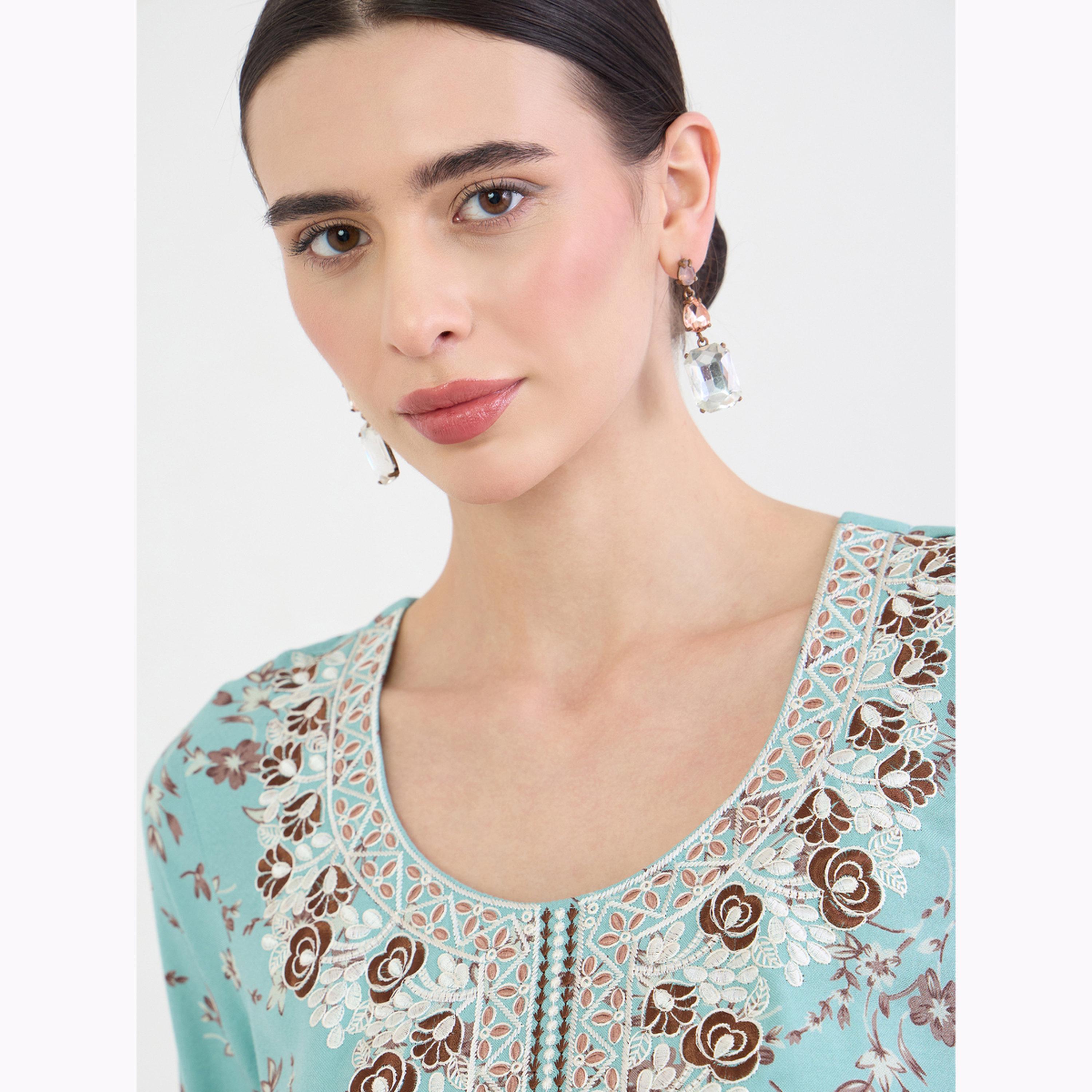 Amirah X Styli Blue Floral Print Embroidered Jalabiya-women-arabicclothing-jalabiyas-image-4