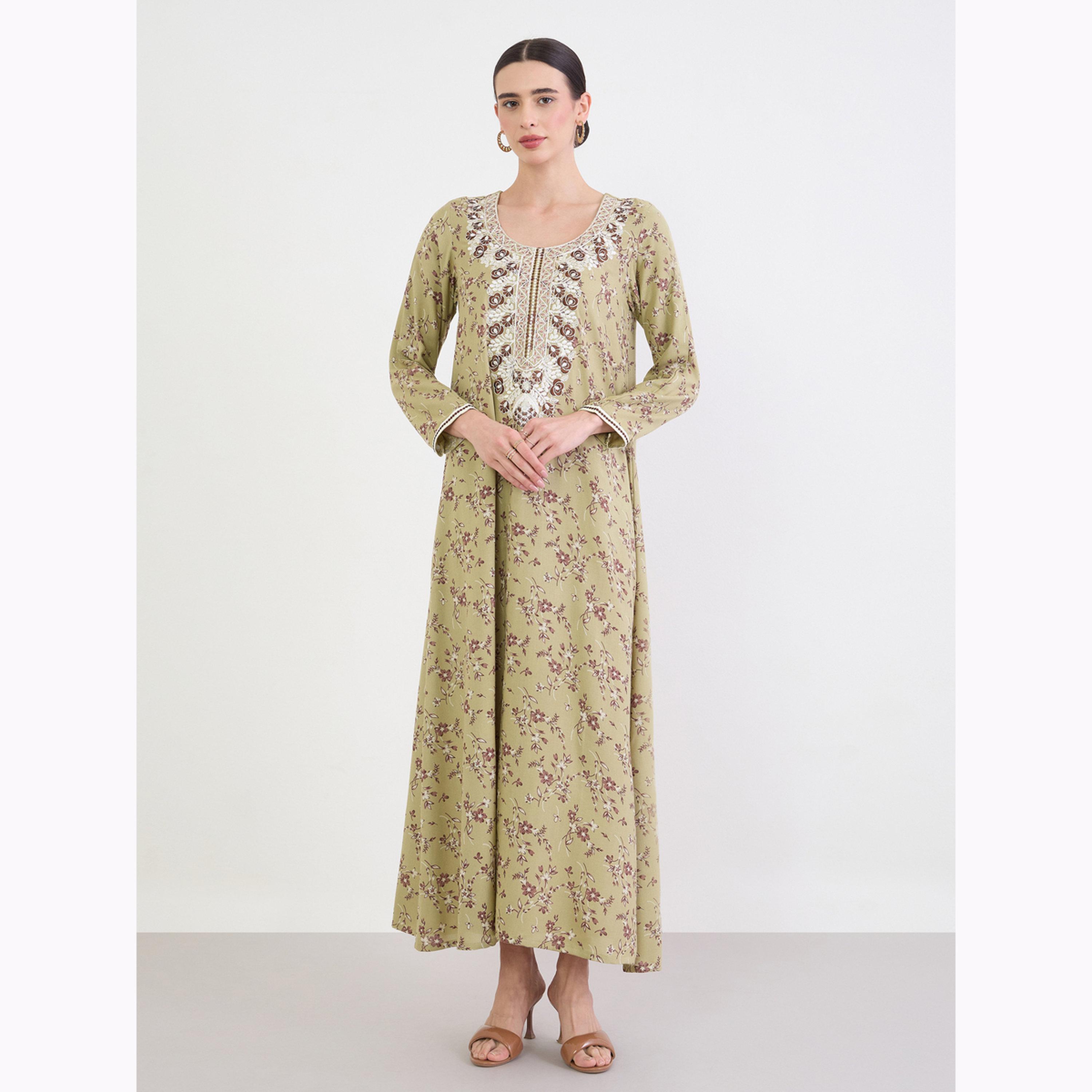جلابية مطرزة بطبعة زهور-women-arabicclothing-jalabiyas-image-1