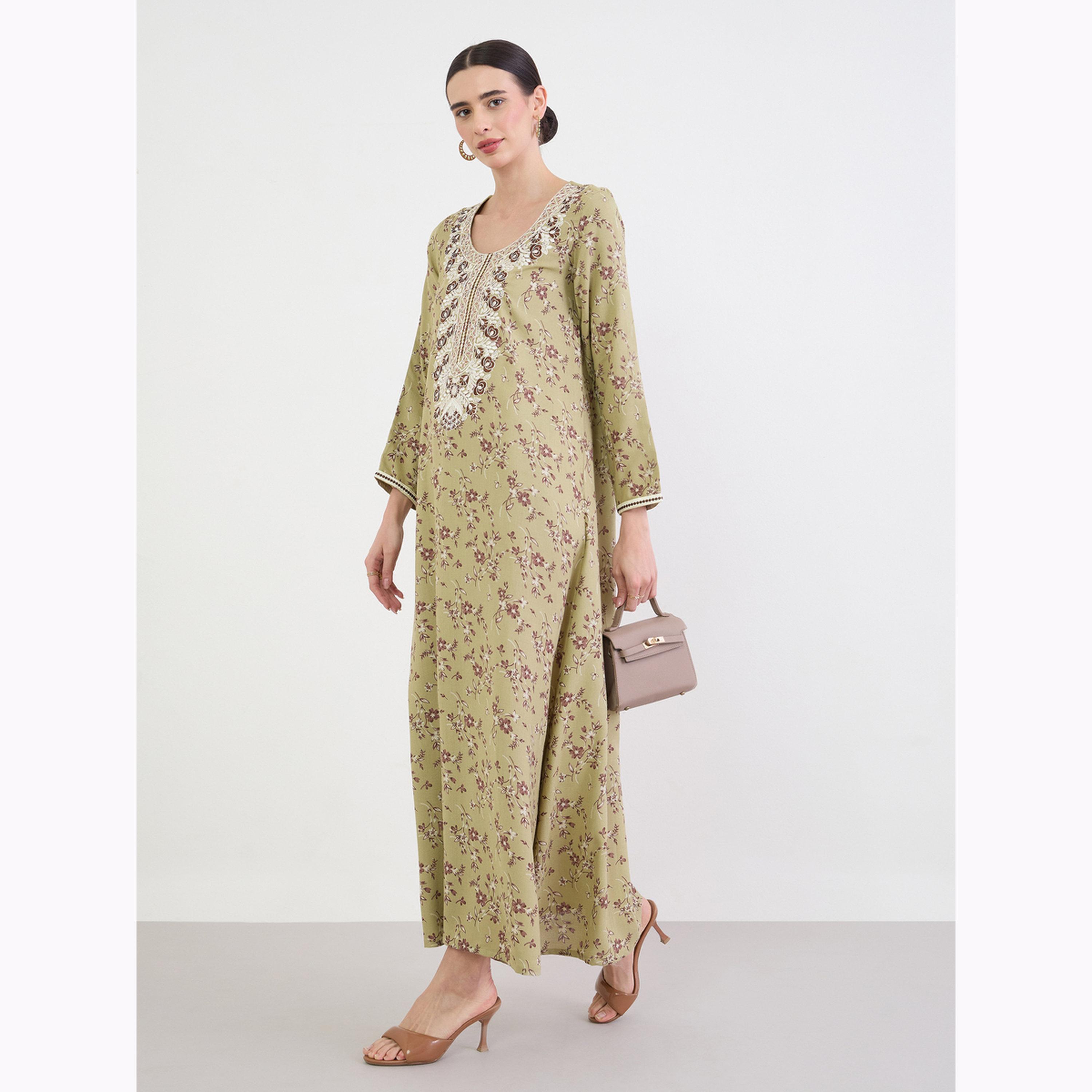 Amirah X Styli Green Floral Print Embroidered Jalabiya-women-arabicclothing-jalabiyas-image-2