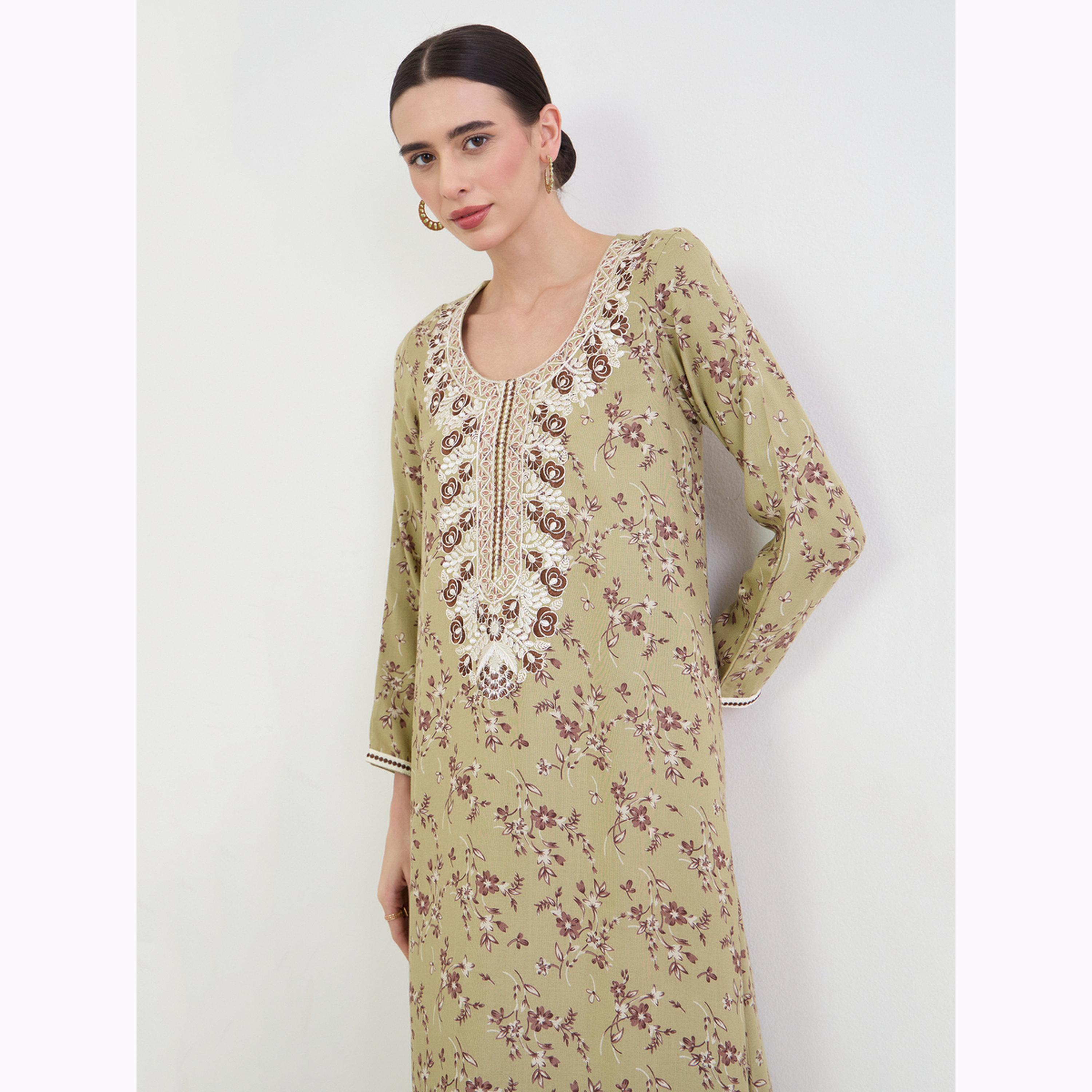 جلابية مطرزة بطبعة زهور-women-arabicclothing-jalabiyas-image-3