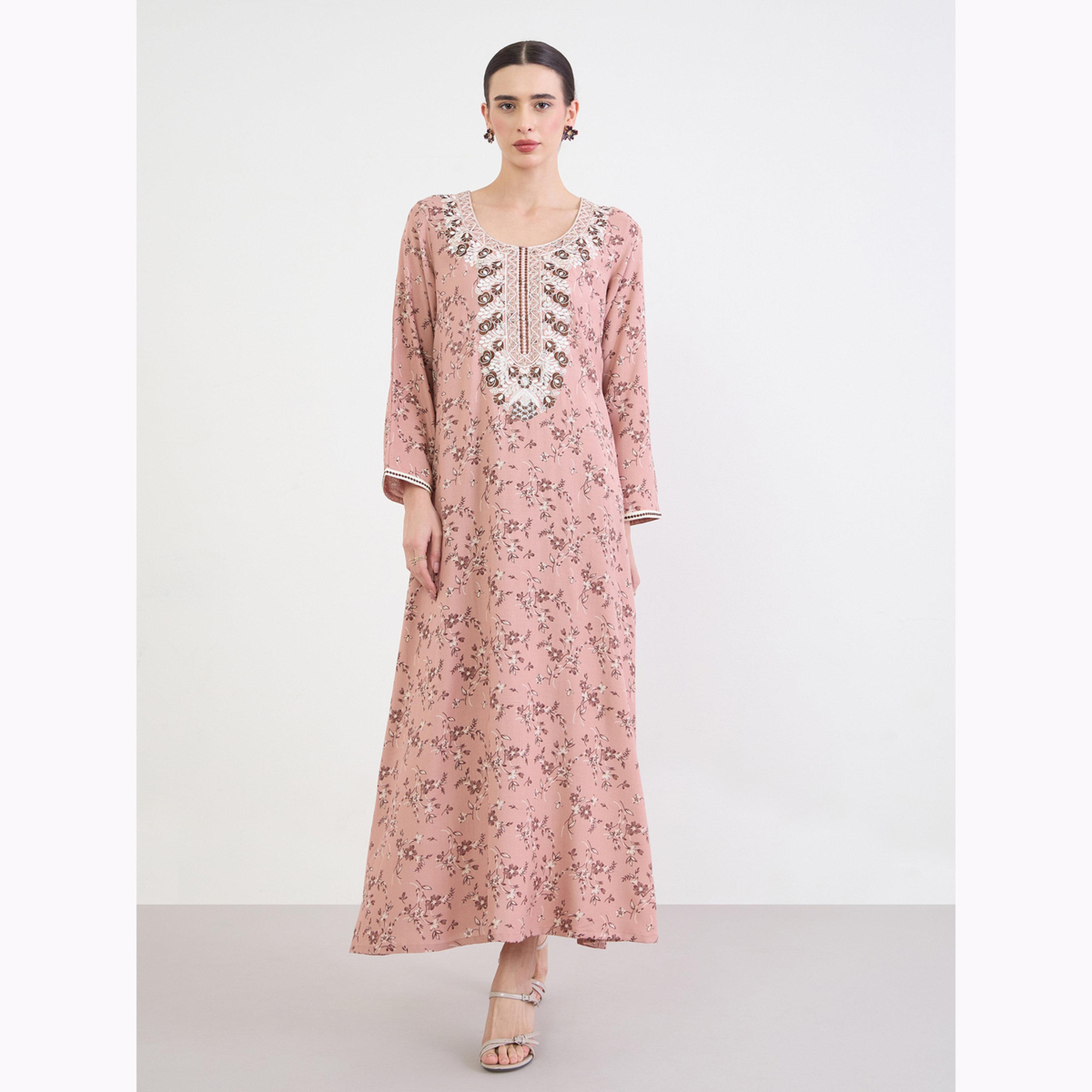 جلابية مطرزة بطبعة زهور-women-arabicclothing-jalabiyas-image-1