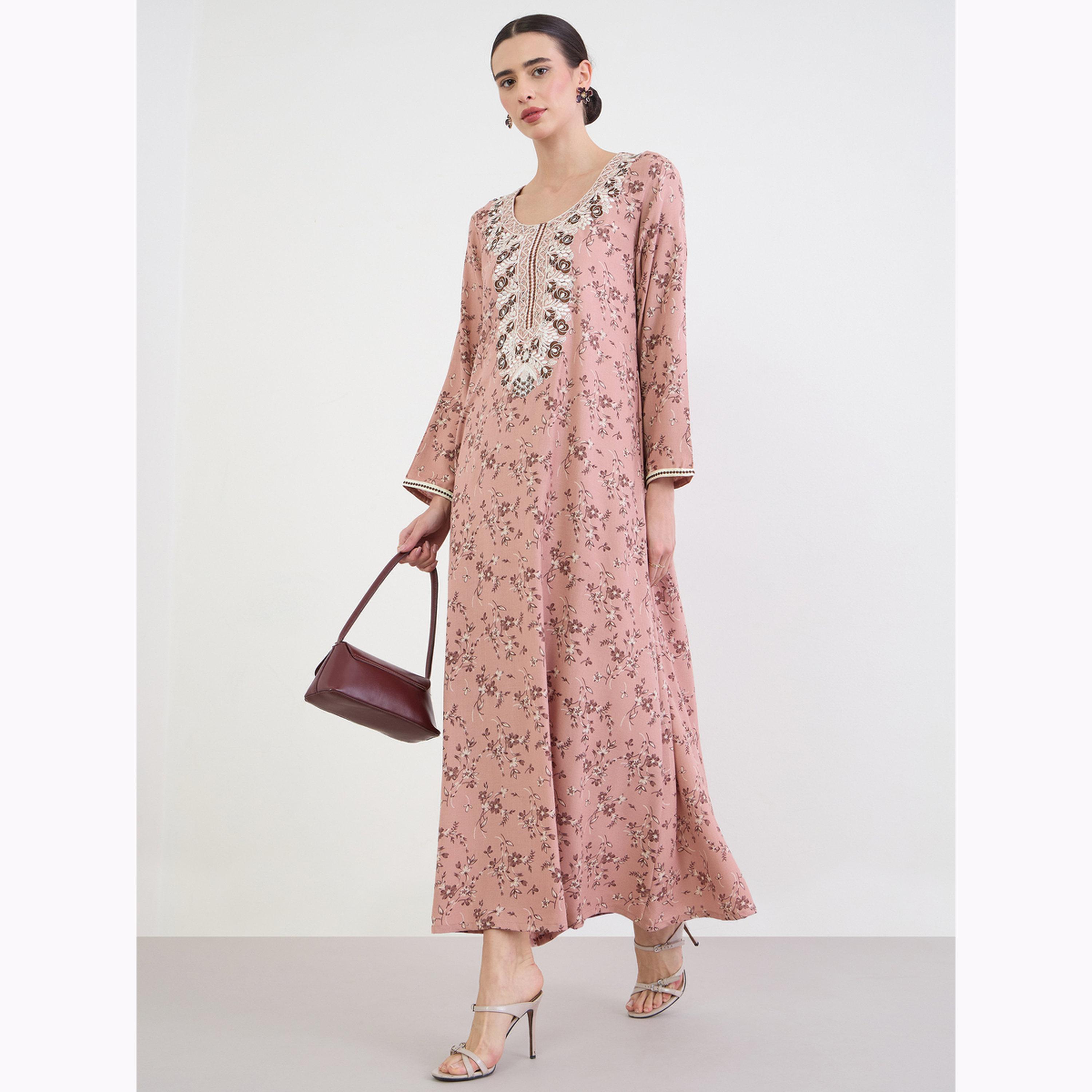 جلابية مطرزة بطبعة زهور-women-arabicclothing-jalabiyas-image-2