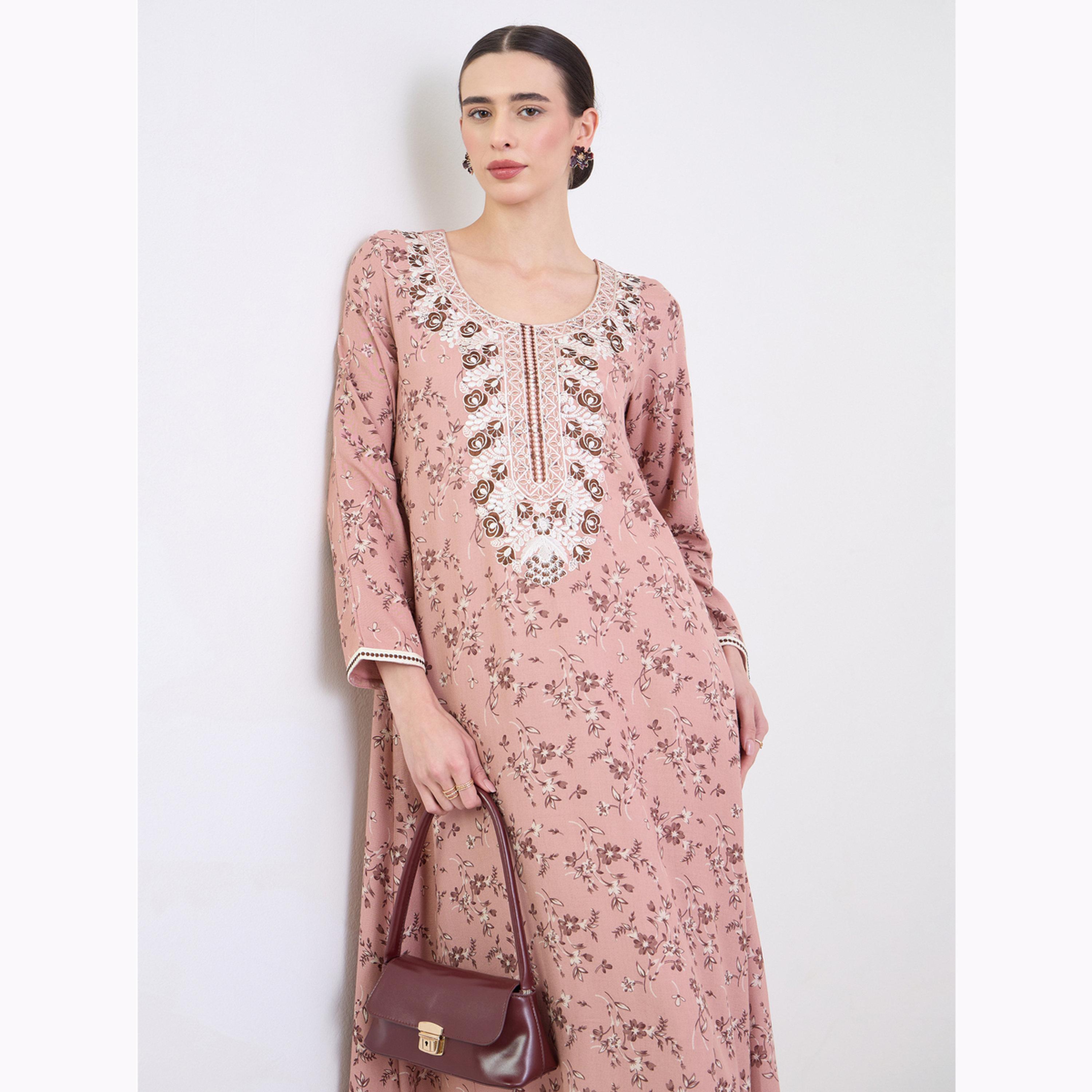 جلابية مطرزة بطبعة زهور-women-arabicclothing-jalabiyas-image-3