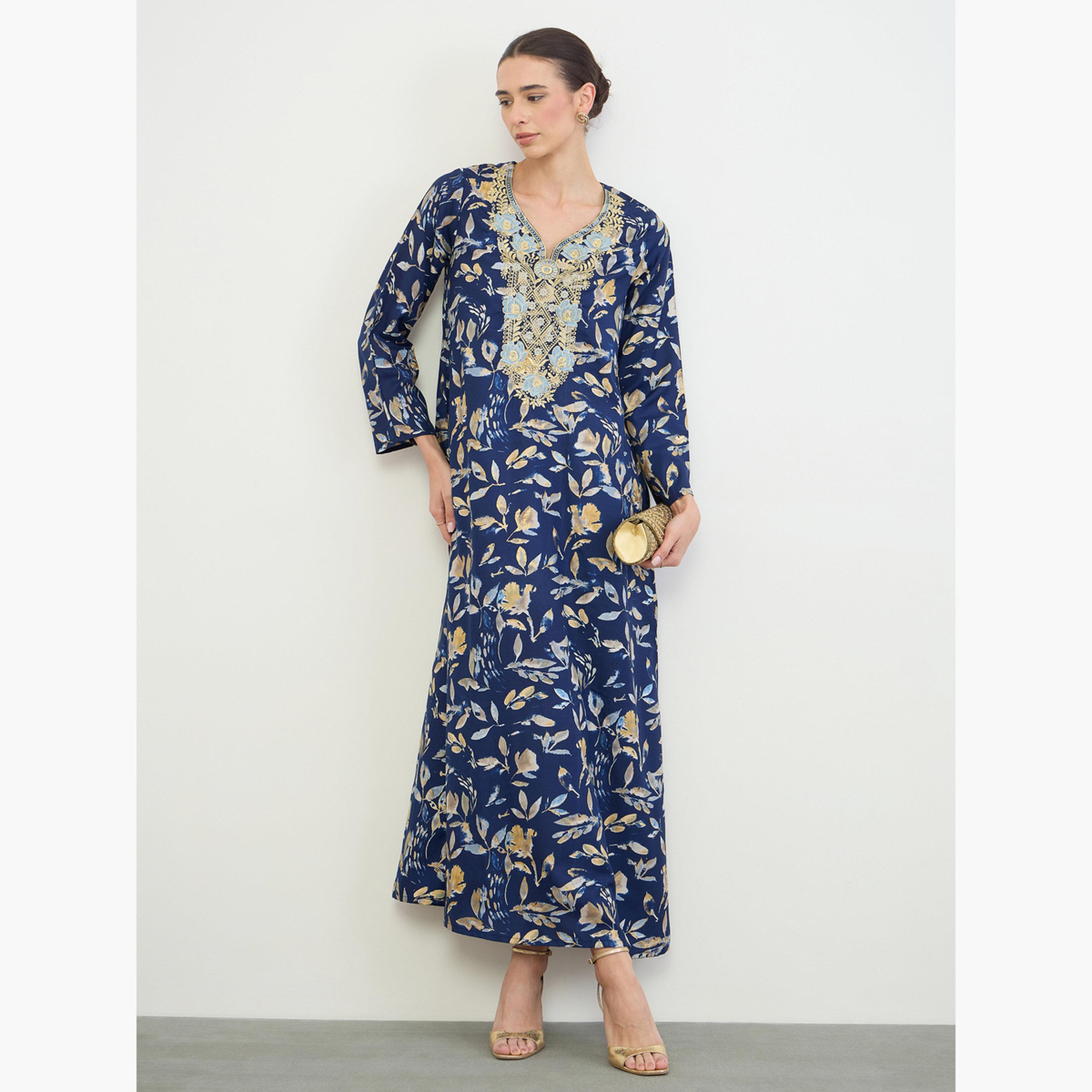 Amirah X Styli Navy Blue All Over Print Jalabiya with Thread Embroidery-women-arabicclothing-jalabiyas-image-1