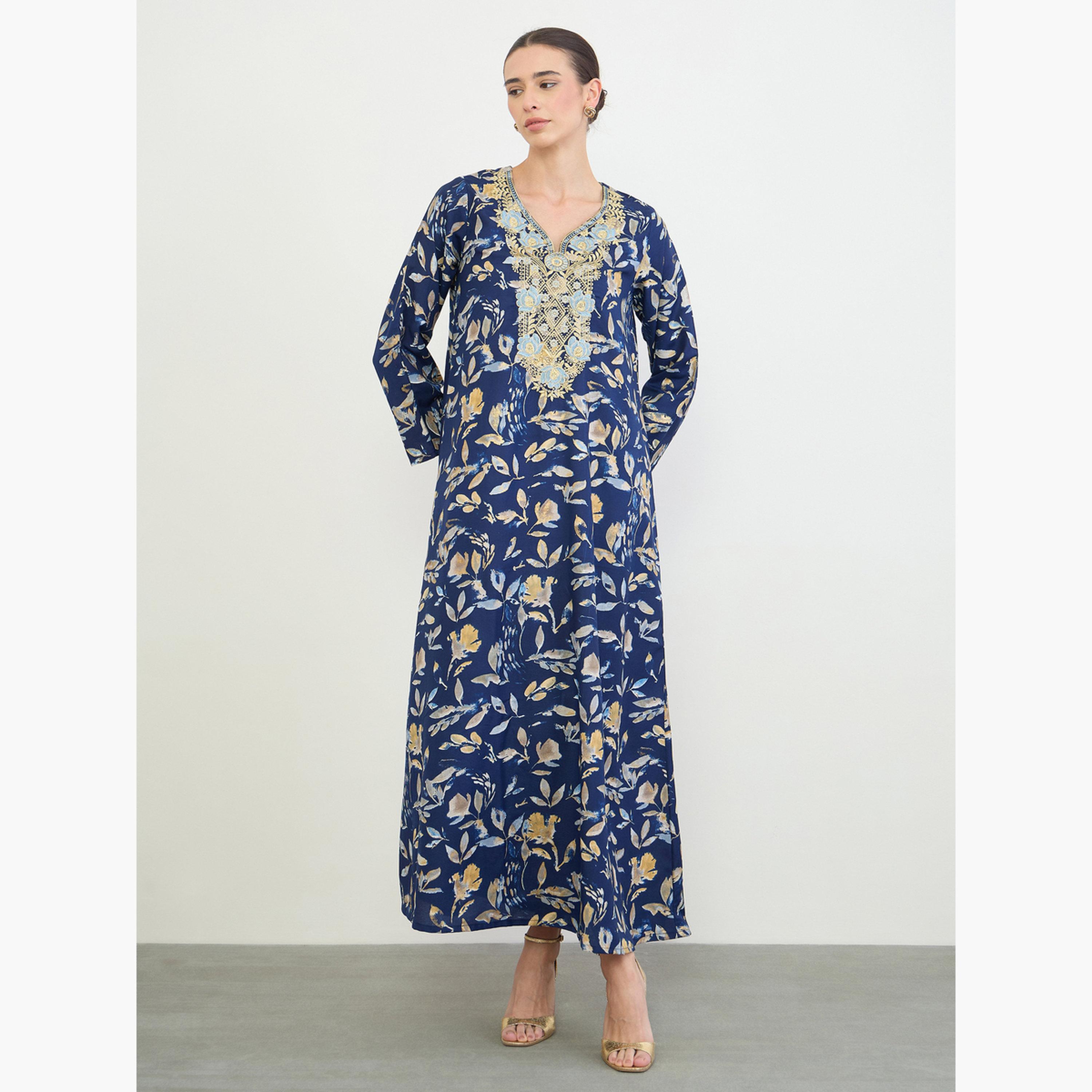 Amirah X Styli Navy Blue All Over Print Jalabiya with Thread Embroidery-women-arabicclothing-jalabiyas-image-2