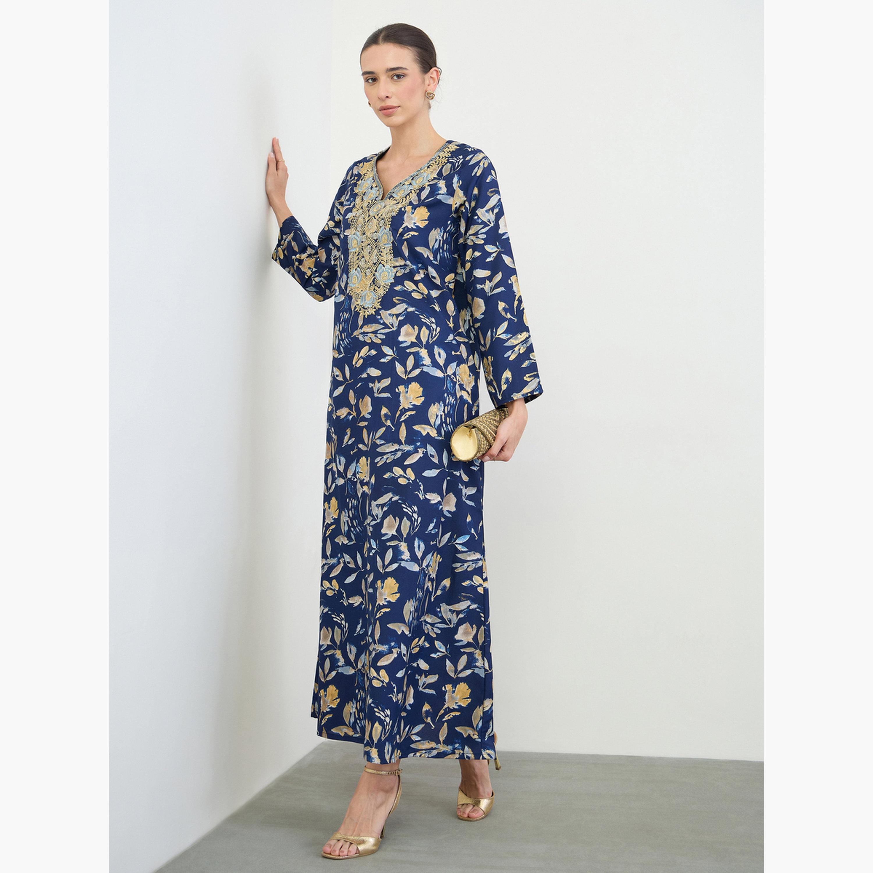 Amirah X Styli Navy Blue All Over Print Jalabiya with Thread Embroidery-women-arabicclothing-jalabiyas-image-3