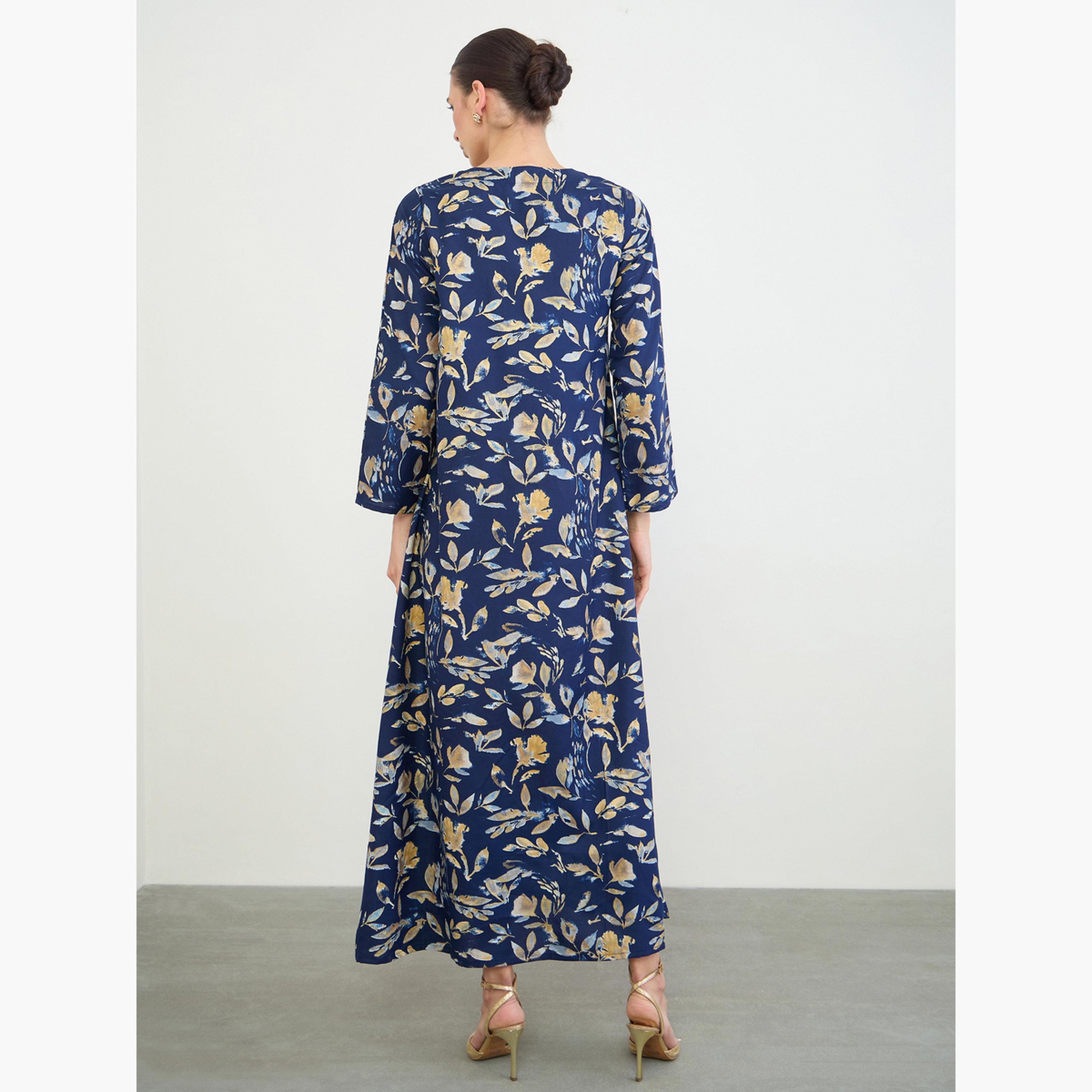 Amirah X Styli Navy Blue All Over Print Jalabiya with Thread Embroidery-women-arabicclothing-jalabiyas-image-4