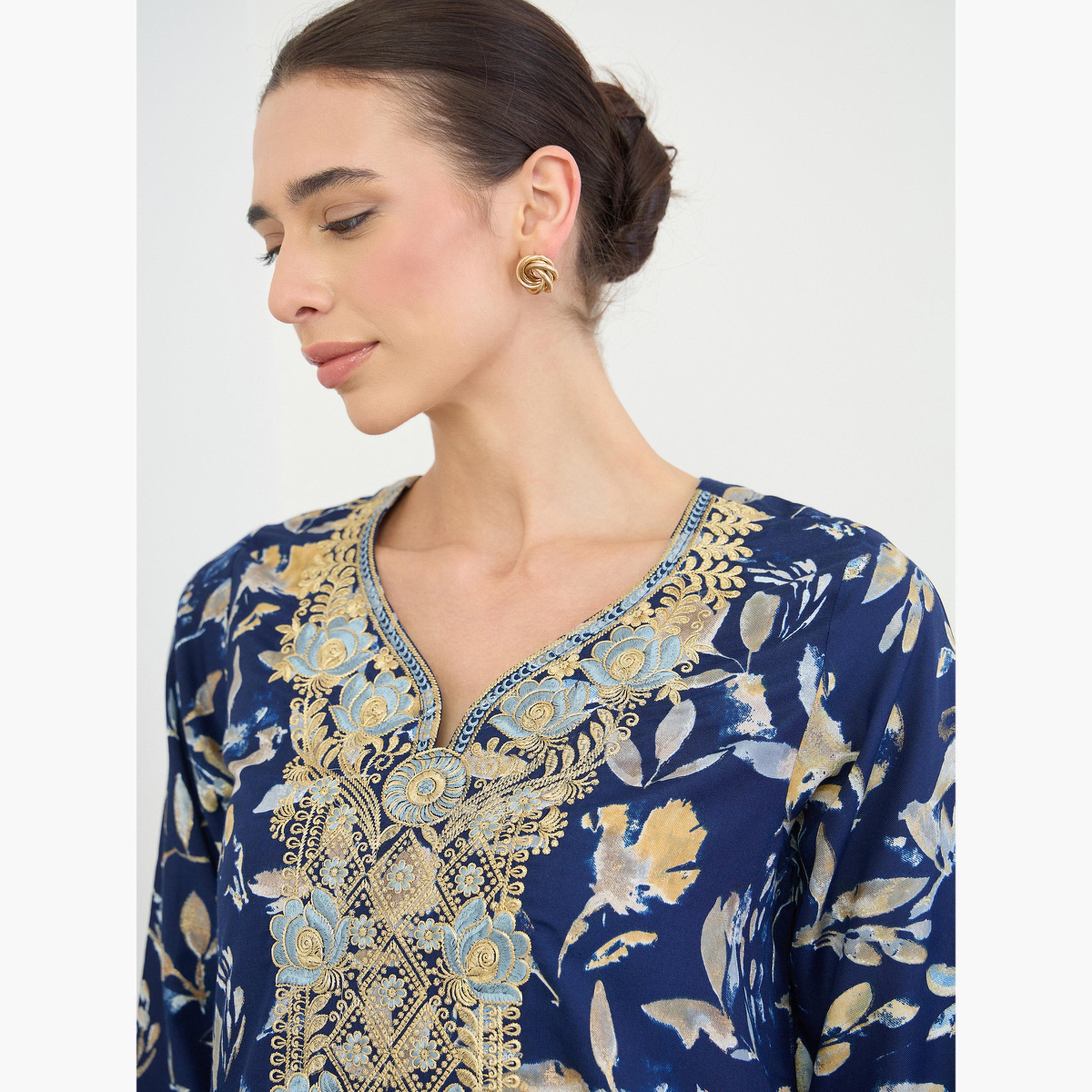 Amirah X Styli Navy Blue All Over Print Jalabiya with Thread Embroidery-women-arabicclothing-jalabiyas-image-5