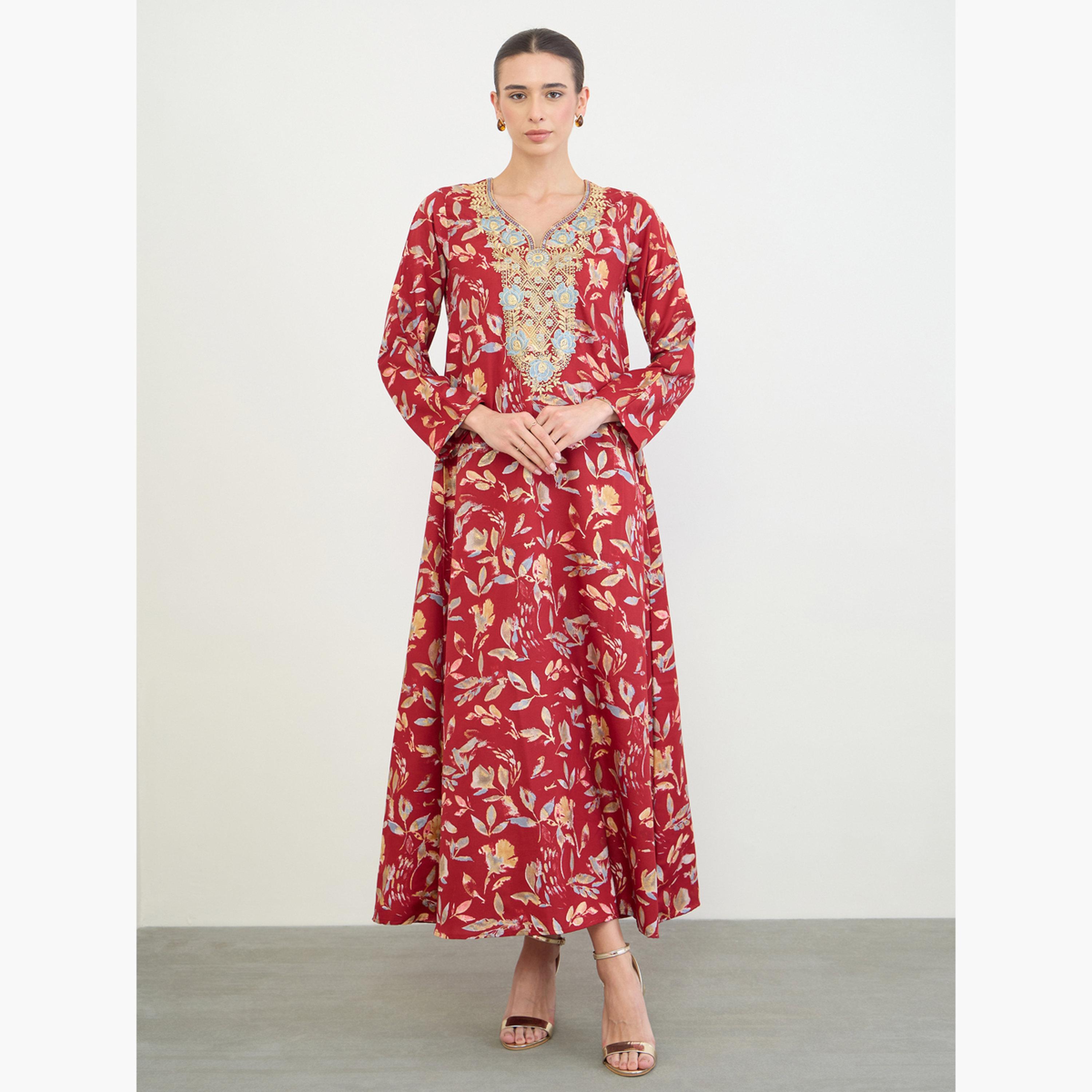Amirah X Styli Red All Over Print Jalabiya with Thread Embroidery-women-arabicclothing-jalabiyas-image-1