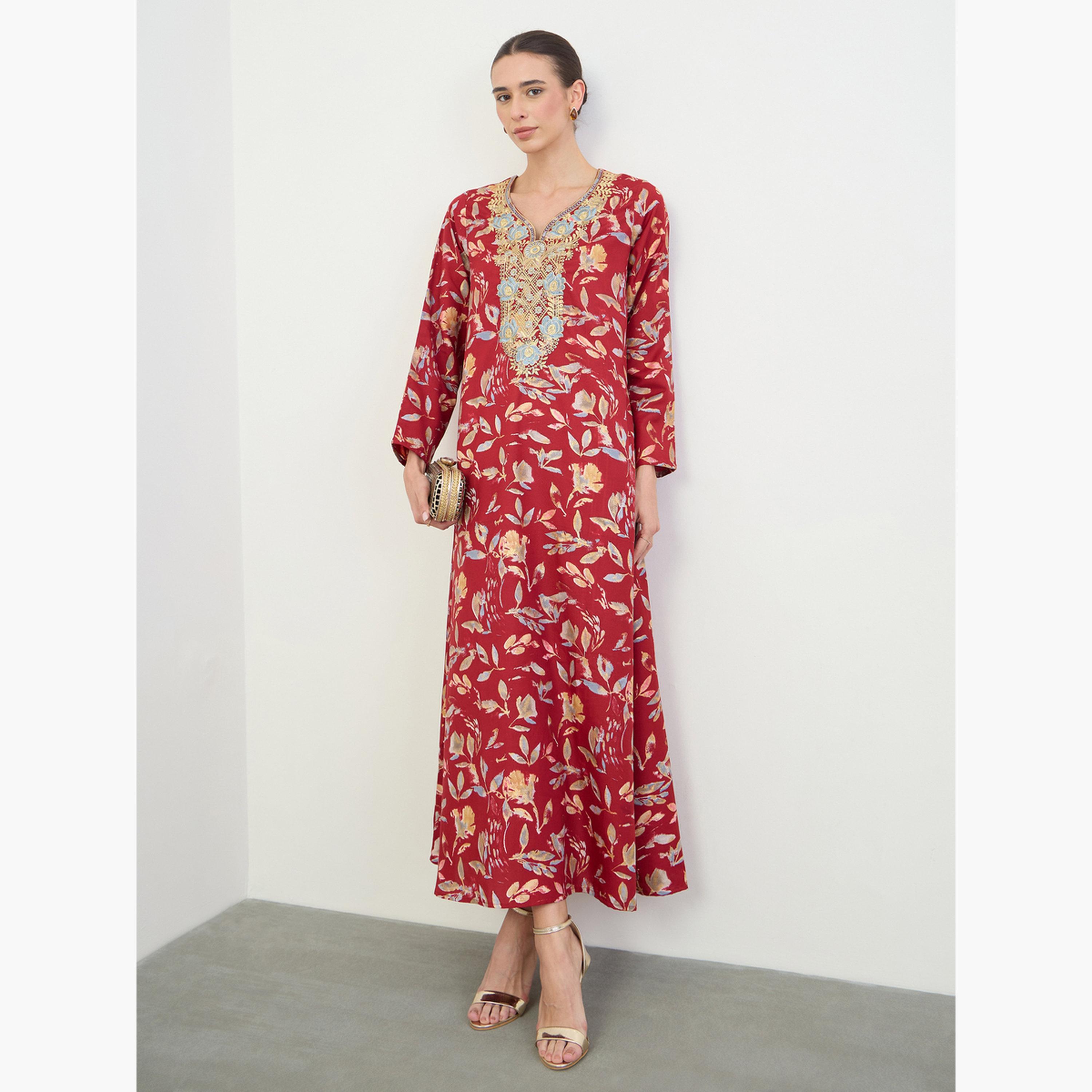 Amirah X Styli Red All Over Print Jalabiya with Thread Embroidery-women-arabicclothing-jalabiyas-image-2