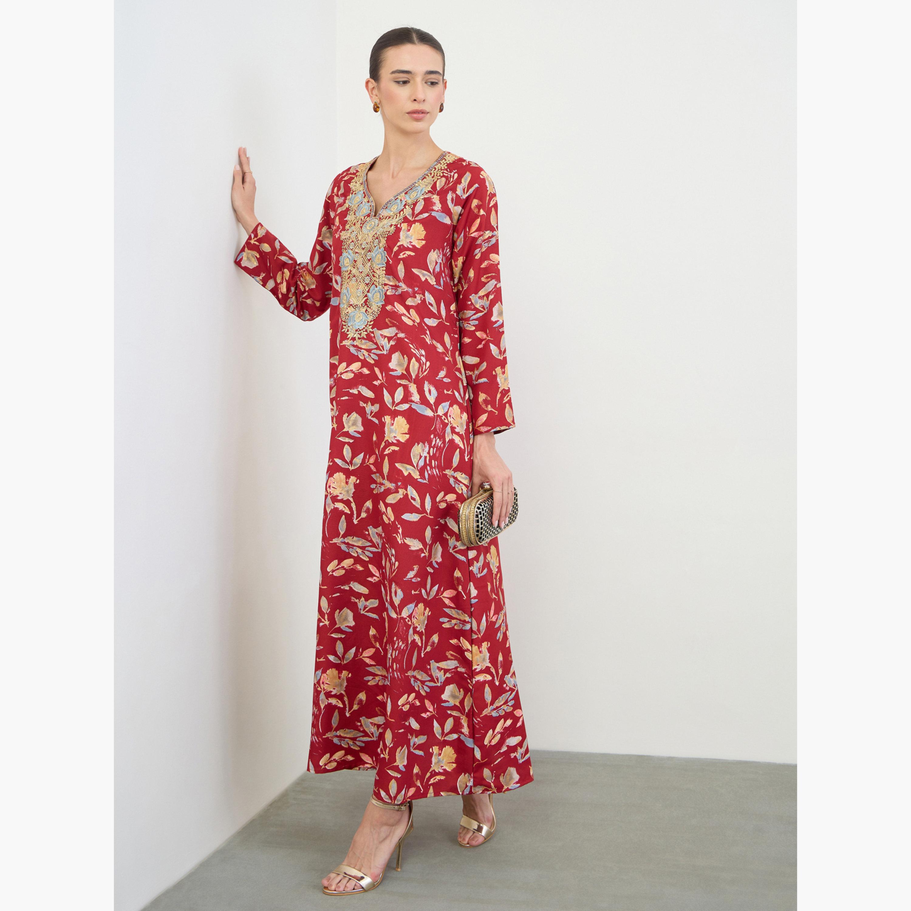 Amirah X Styli Red All Over Print Jalabiya with Thread Embroidery-women-arabicclothing-jalabiyas-image-3
